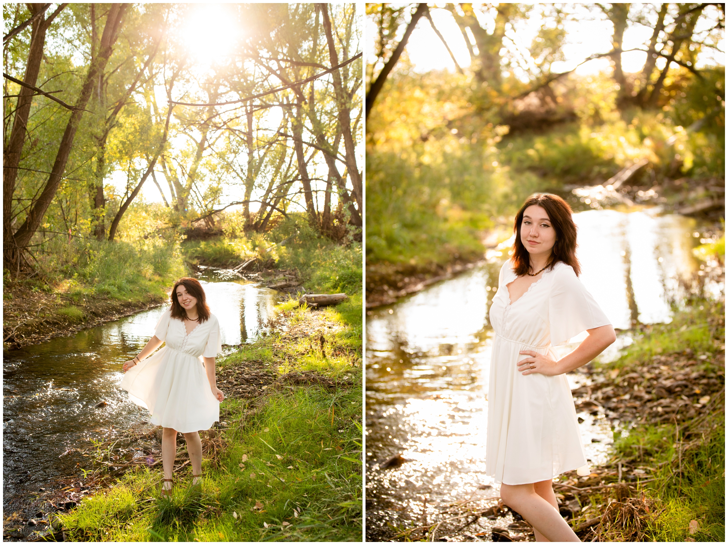 teem spinning in white dress during river senior portraits at Left Hand Creek in Longmont 