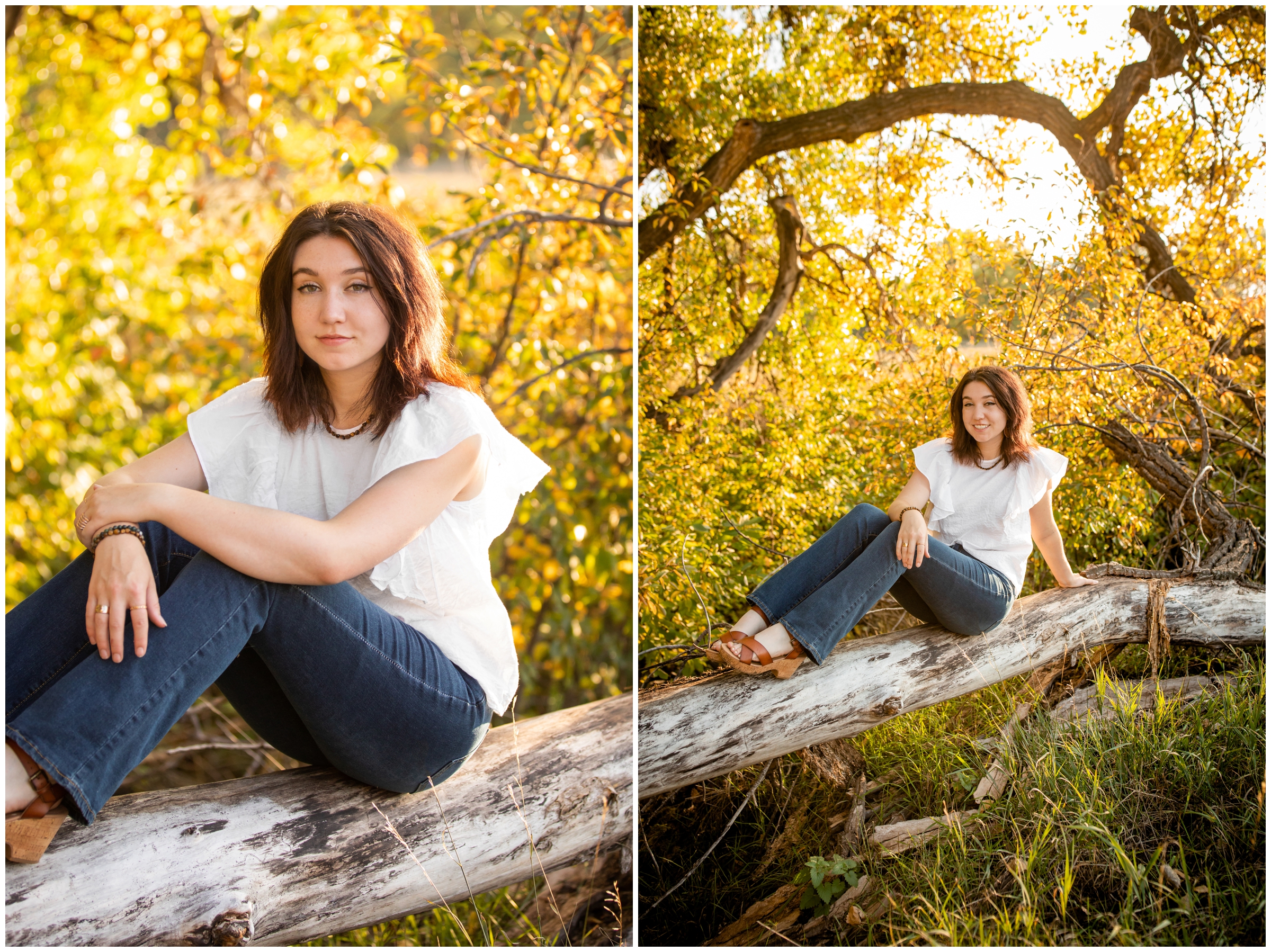 teen sitting on fallen tree during Longmont fall portrait photography session 