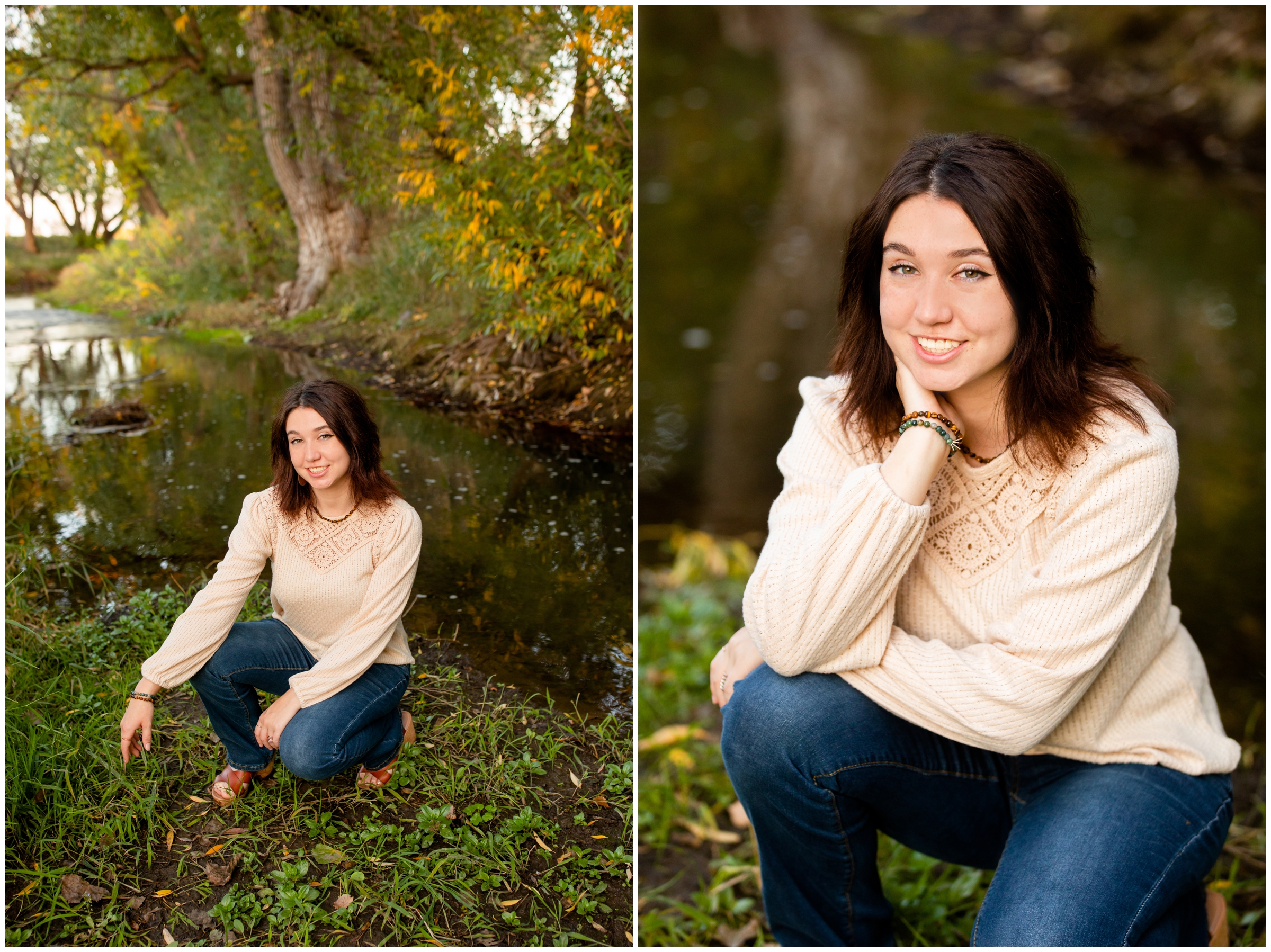 teen squatting next to river during senior photography session in Longmont Colorado 