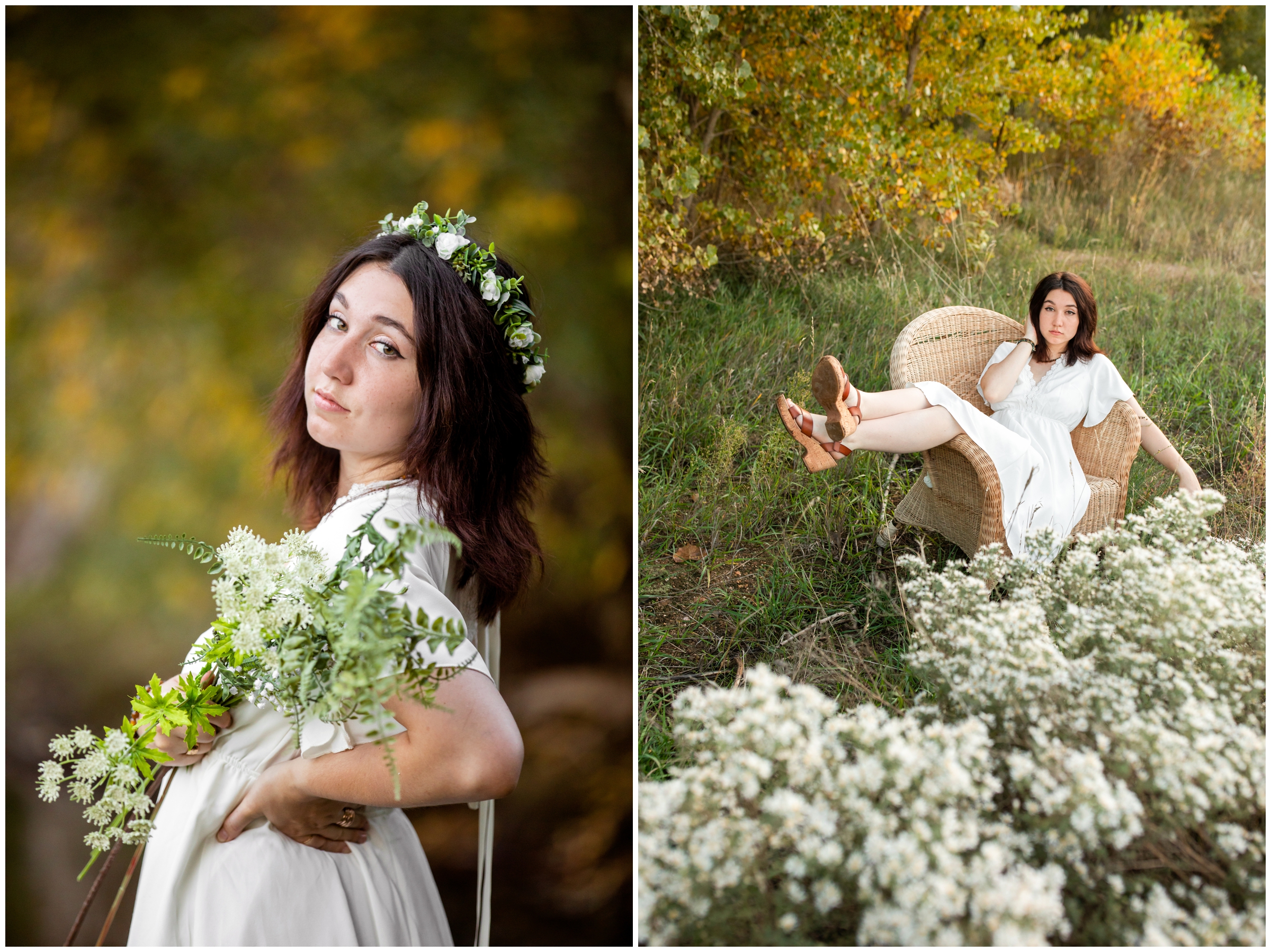 teen holding floral bouquet and wearing flower crown during boho Colorado senior pictures in Longmont