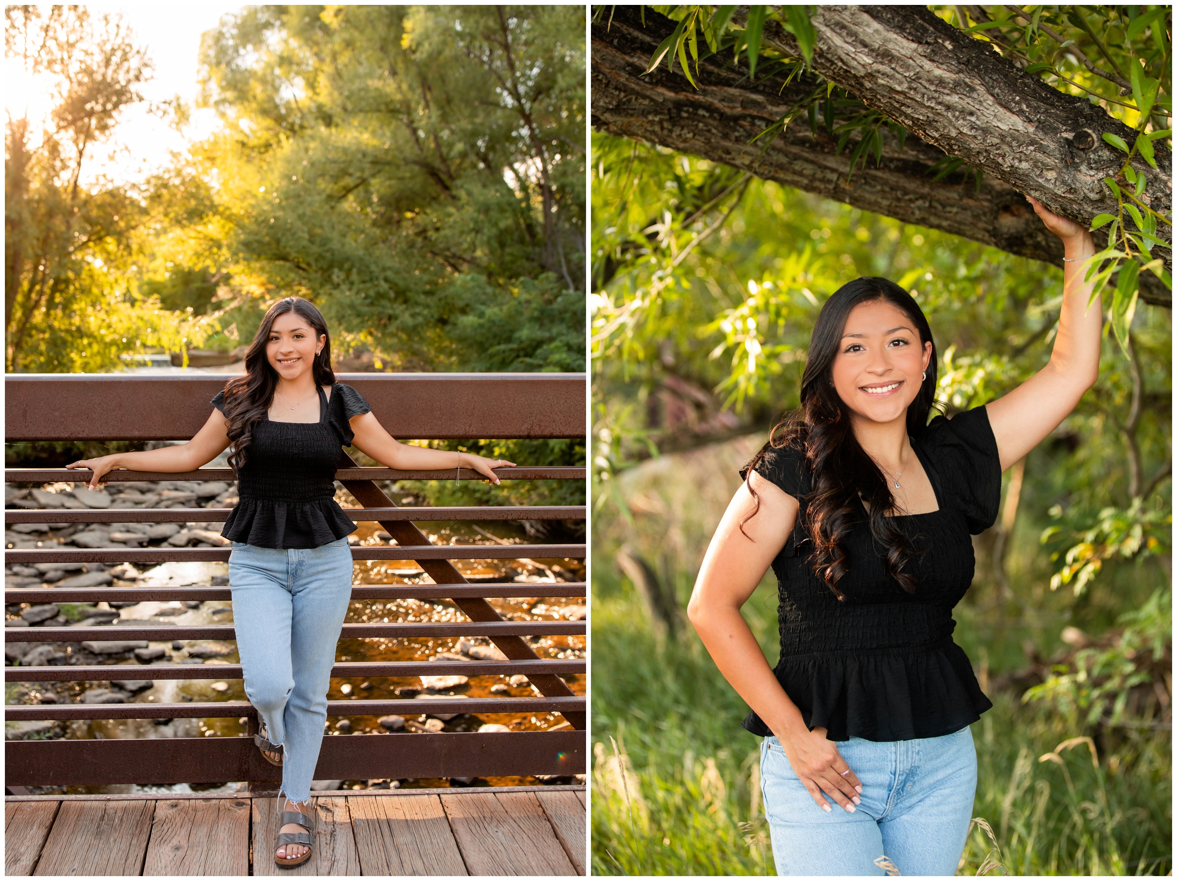 teen girl leaning against bridge during Longmont senior pictures by Plum Pretty Photo