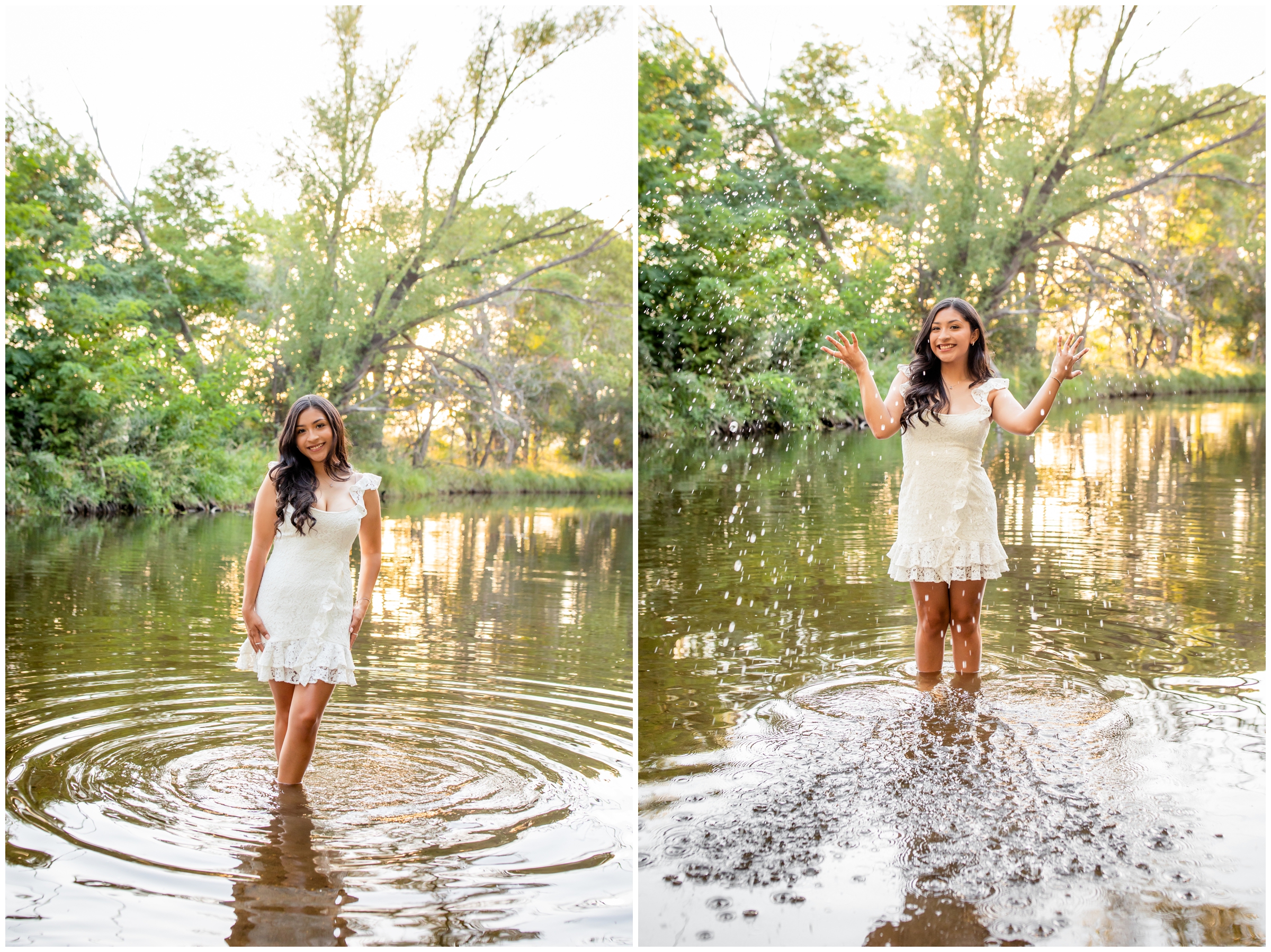 teen girl splashing in water during senior portraits in longmont Colorado