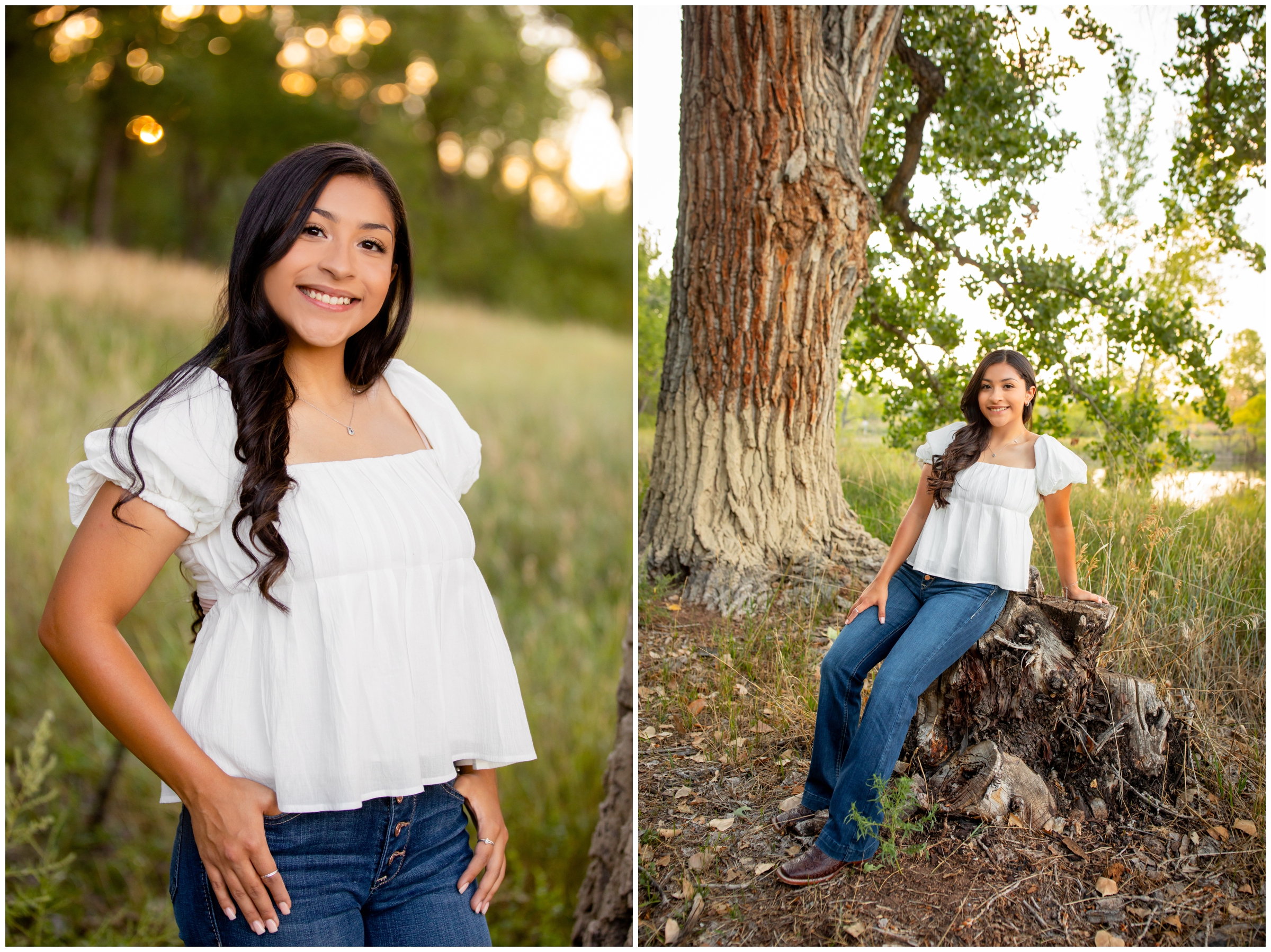 teen sitting on a tree trunk during Longmont senior portraits at Golden Ponds