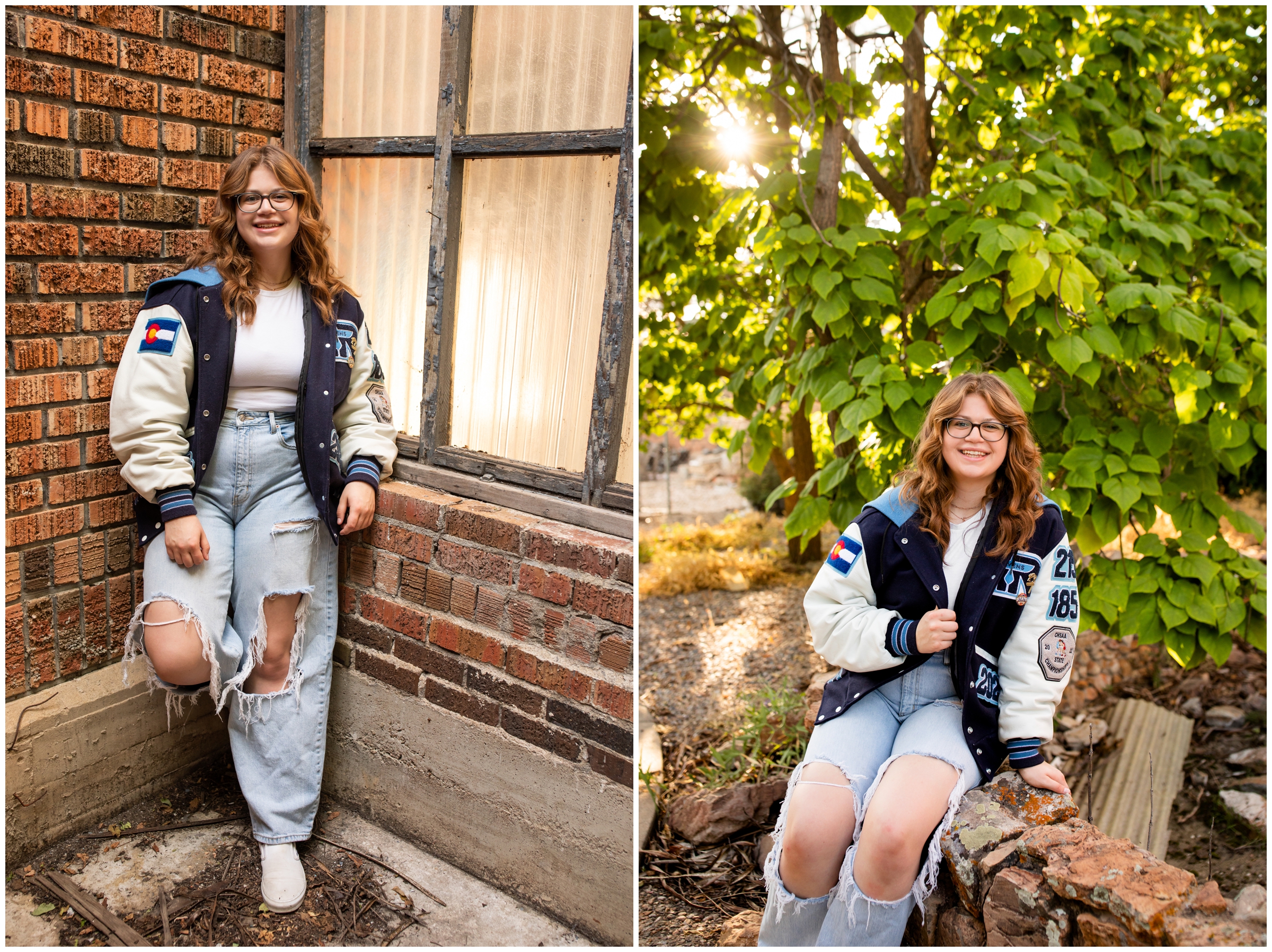 teen posing against brick wall in abandoned building during unique senior portraits in Boulder Colorado 