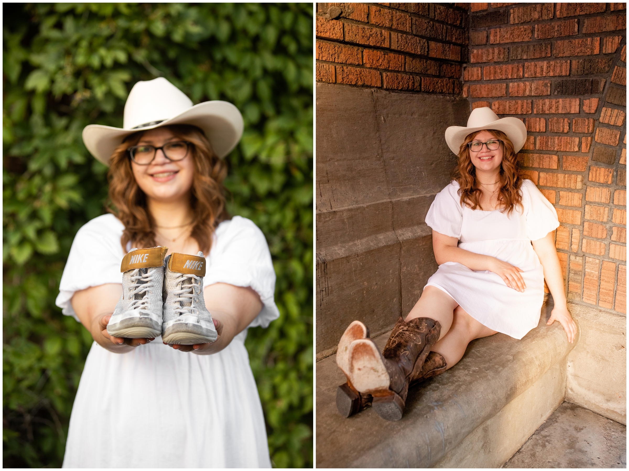 female wrestler holding wrestling shoes during unique Colorado senior pictures