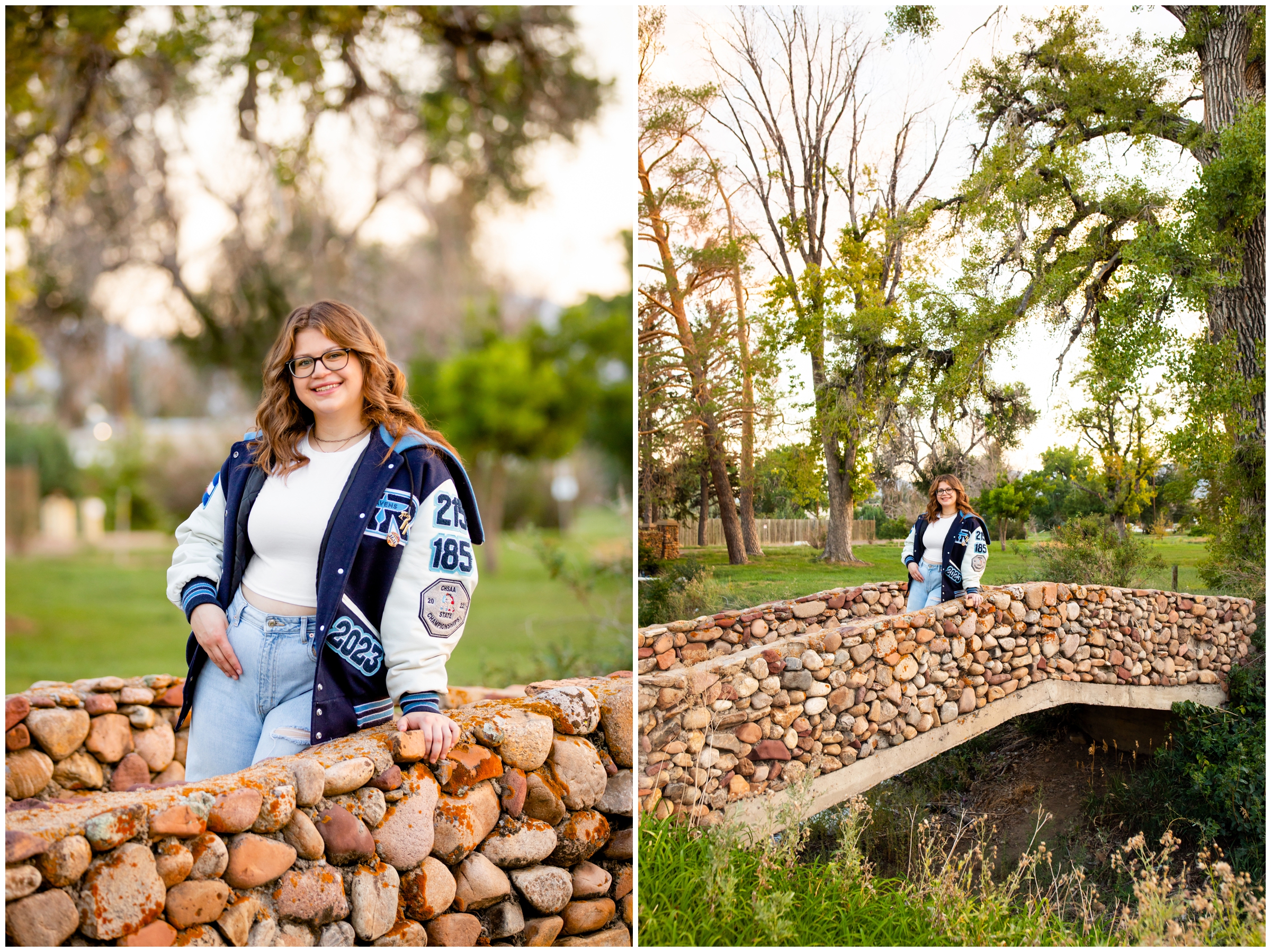 teen posing on stone covered bridge during senior photography session in Boulder Colorado