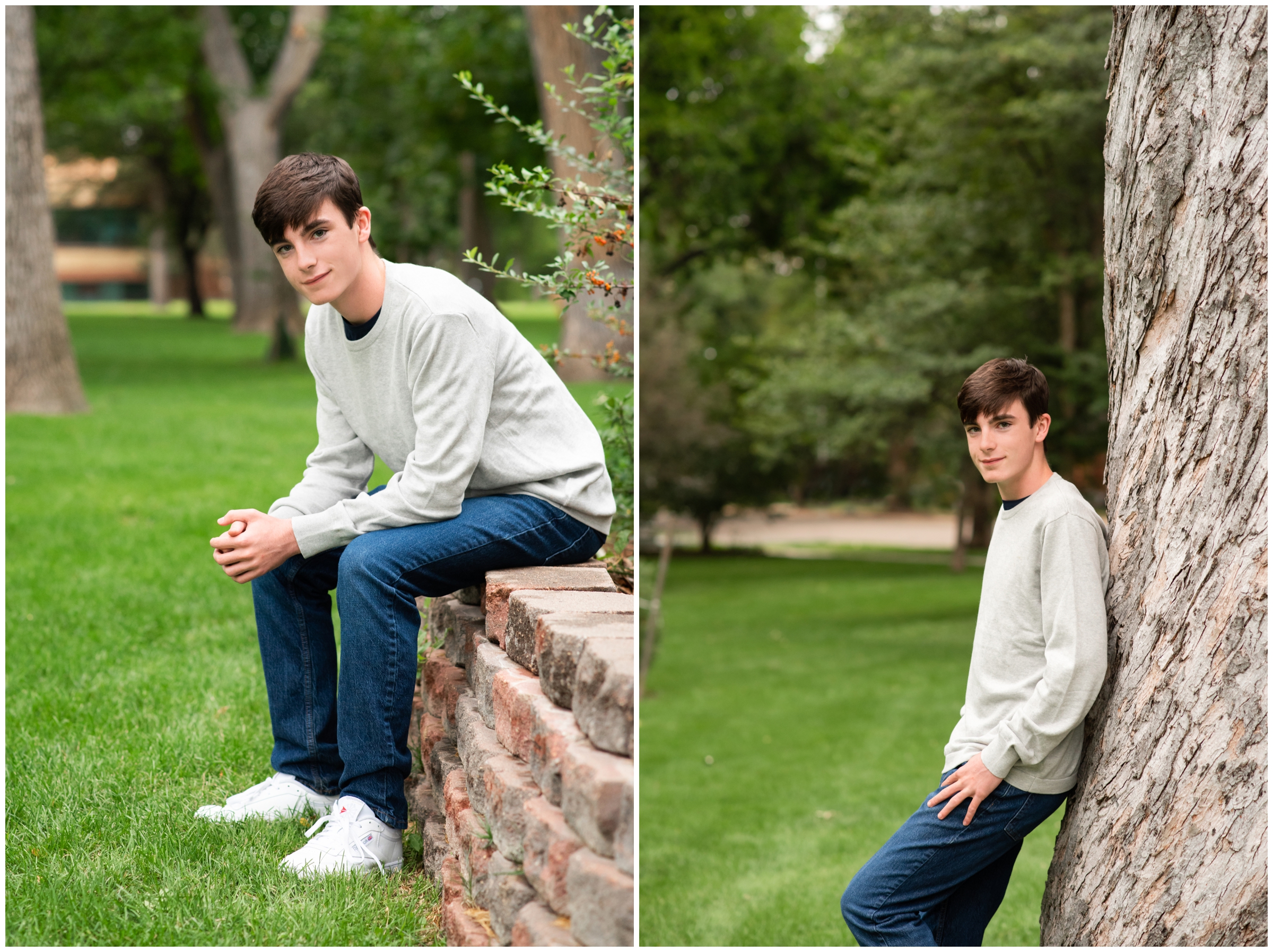 teen guy leaning against a tree during nature senior portraits in Longmont 