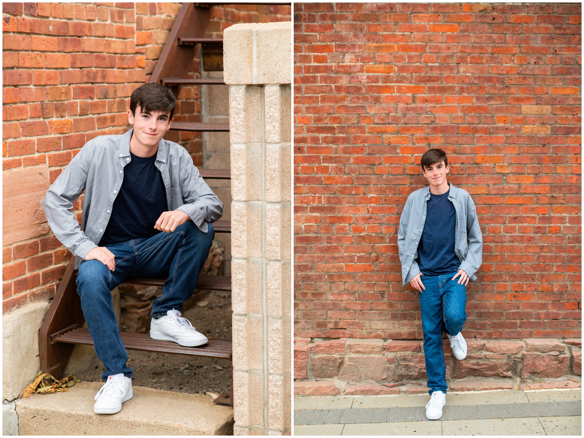 teen guy leaning against brick wall for Longmont Colorado senior photography session by Plum Pretty Photos
