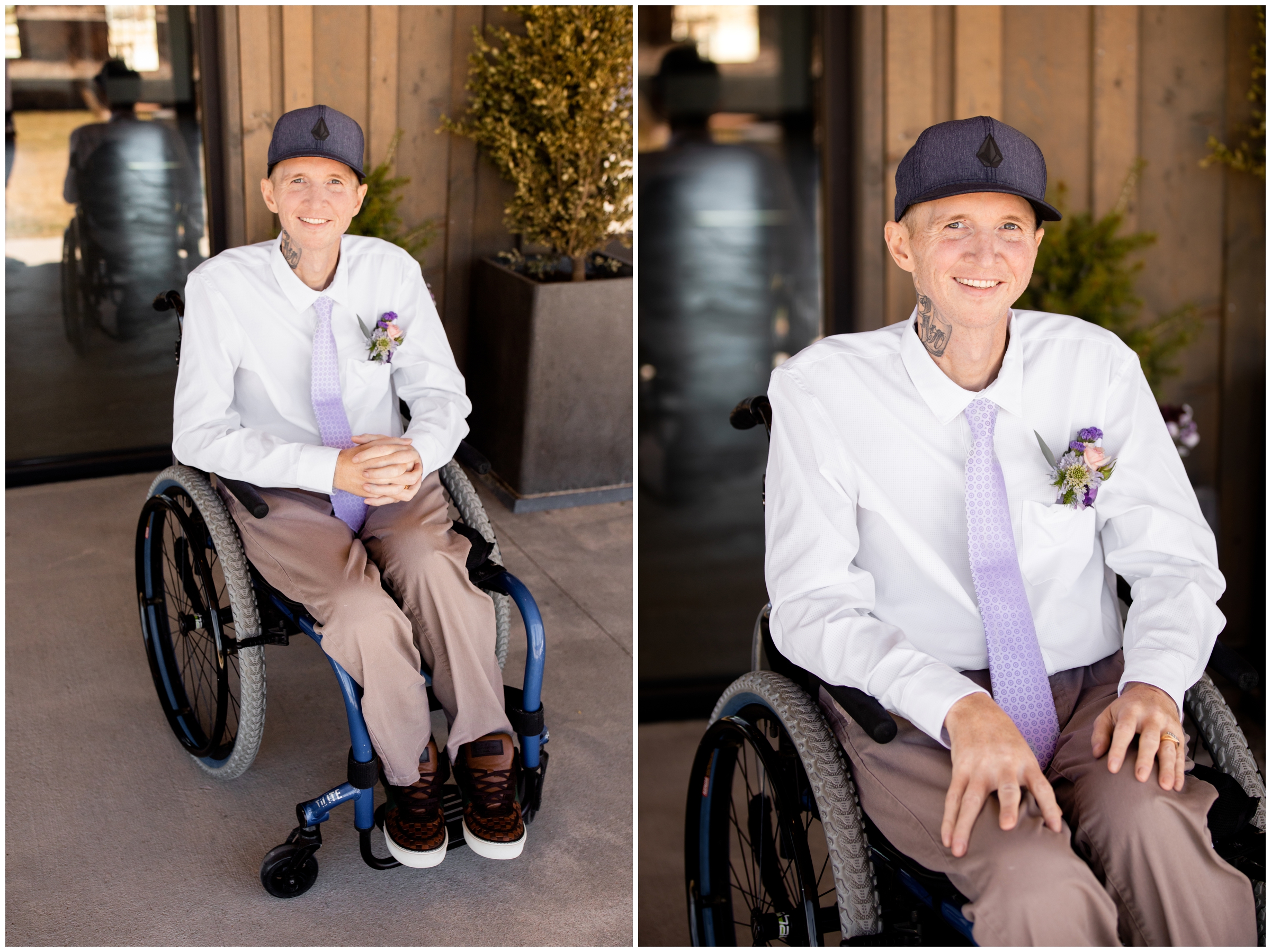 paraplegic groom in a wheelchair smiling for wedding portraits at Bonnie Blues Colorado wedding during spring