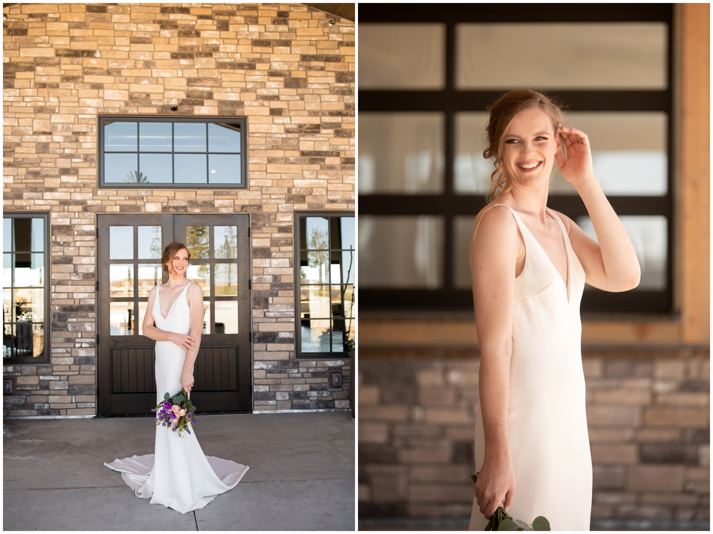 bride posing in front of stone wall during spring micro wedding elopement at Bonnie Blues Event Venue in Elizabeth Colorado