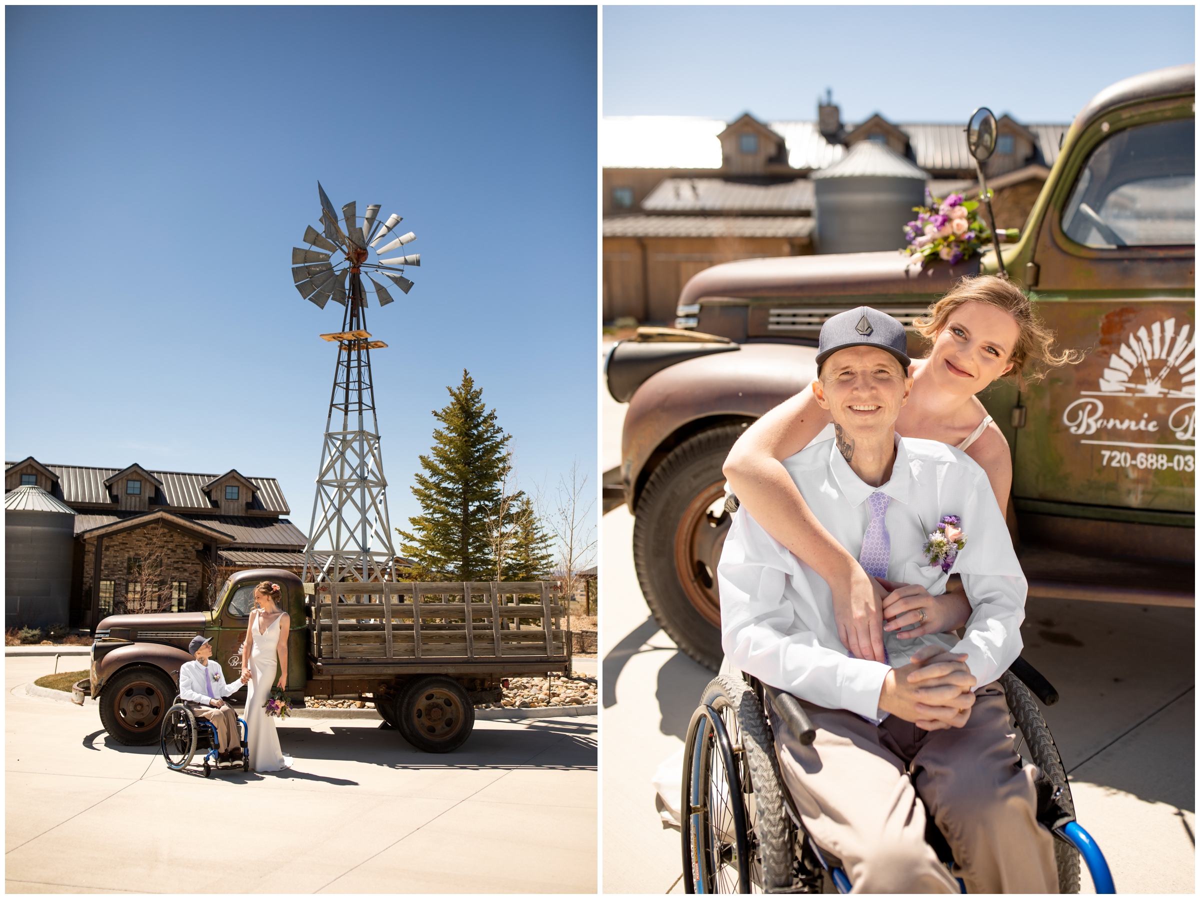 couple posing in front of rustic truck and windmill during wedding portraits at Bonnie Blues event venue in Colorado 