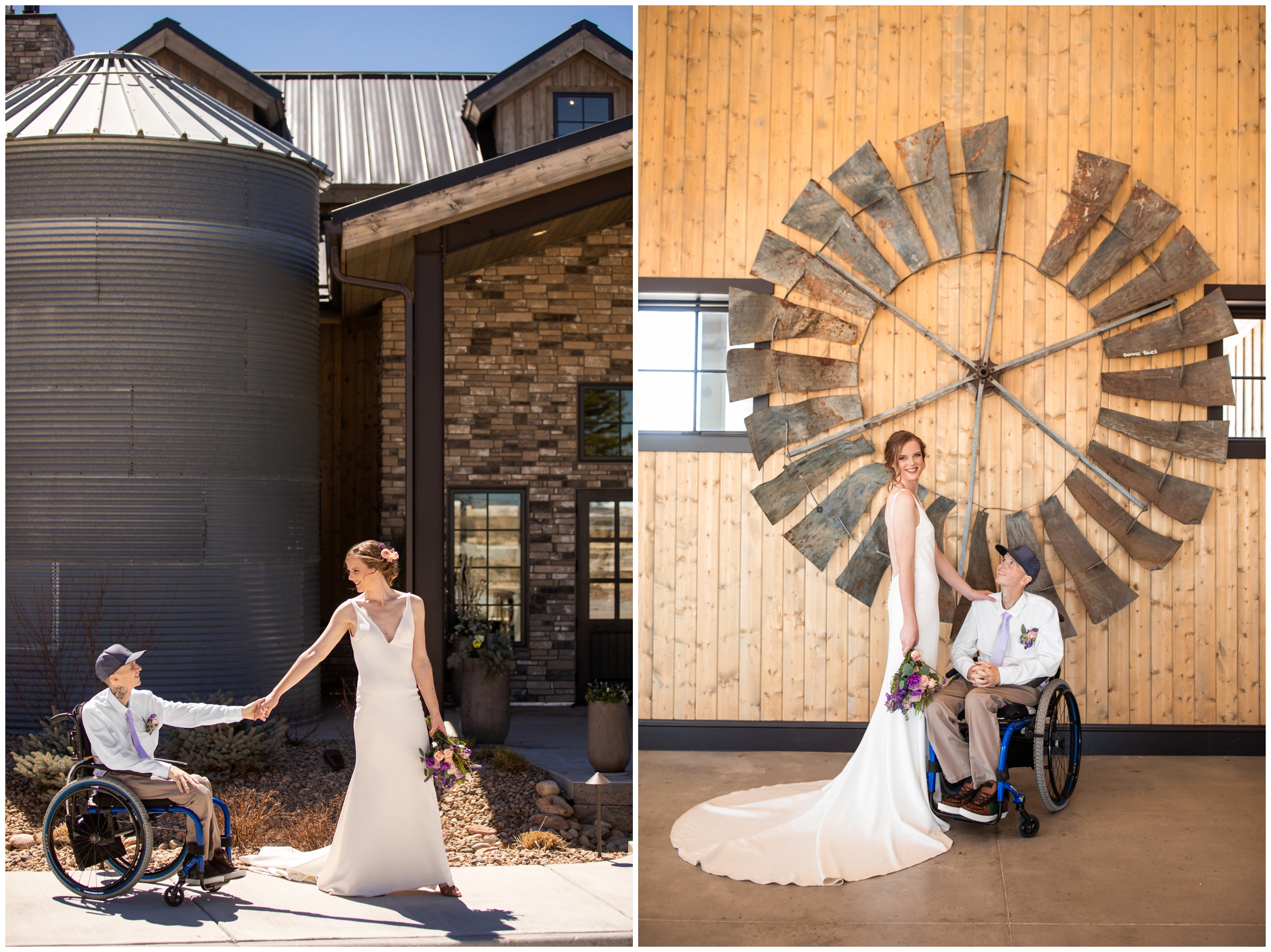 couple posing in front of silo at Bonnie Blues spring wedding in Elizabeth Colorado 