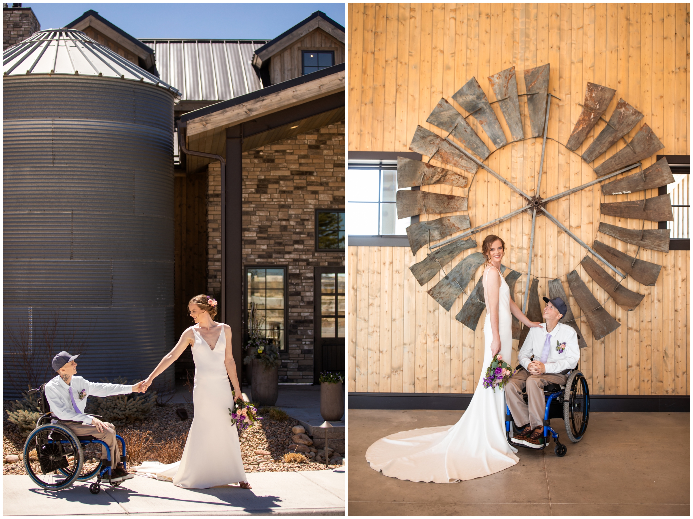 couple posing in front of silo at Bonnie Blues spring wedding in Elizabeth Colorado