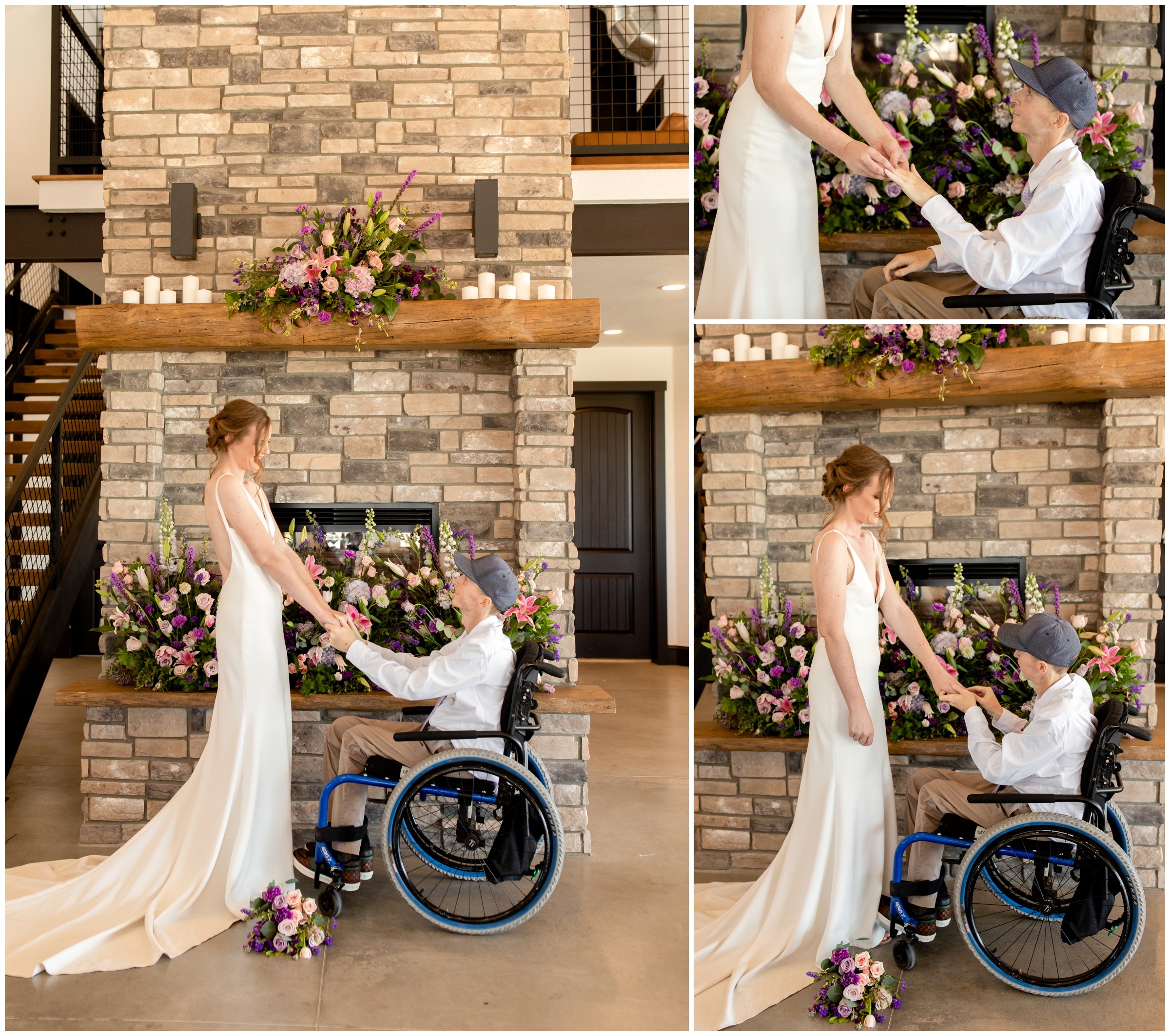 couple exchanging rings during indoor wedding ceremony in front of fireplace in CO