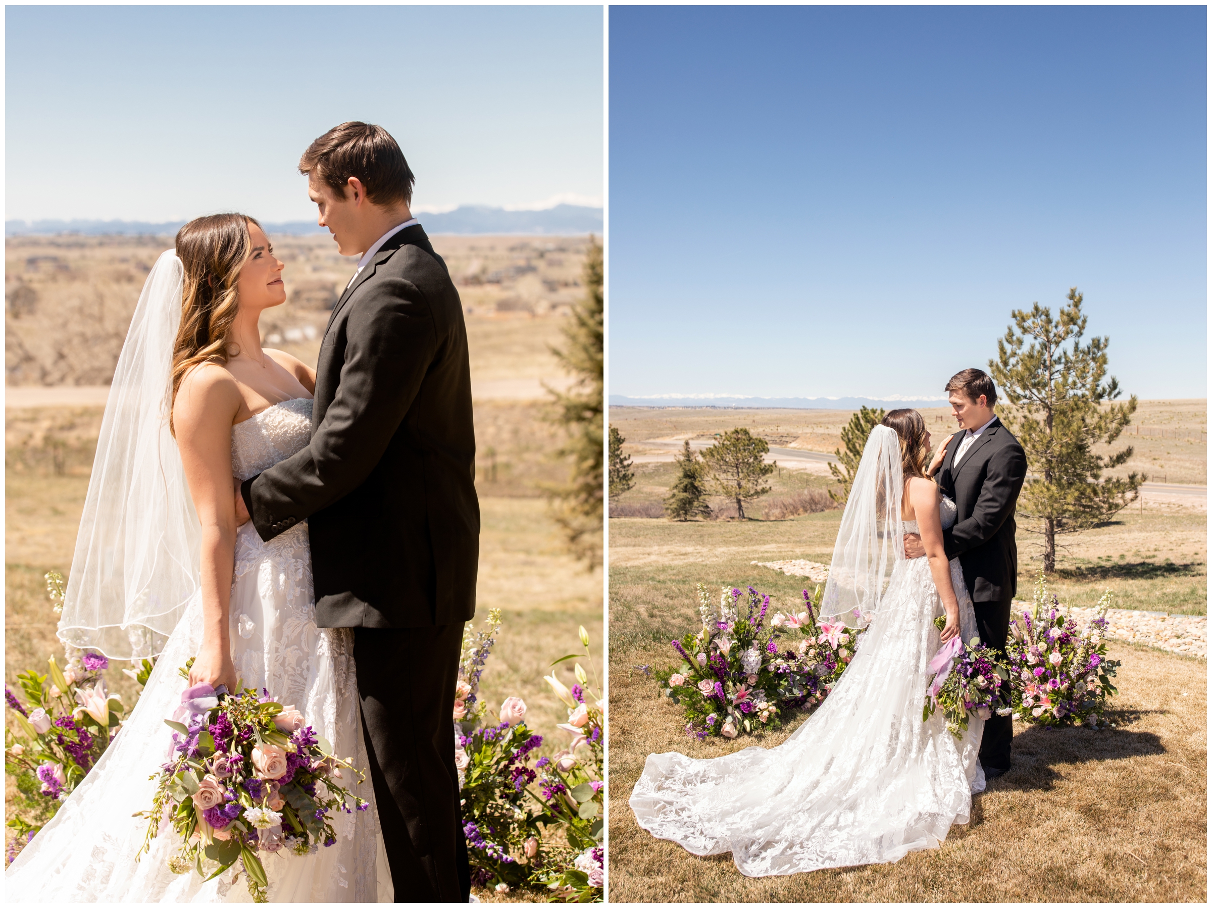 couple embracing during first look at Bonnie Blues Event Venue wedding in Elizabeth Colorado