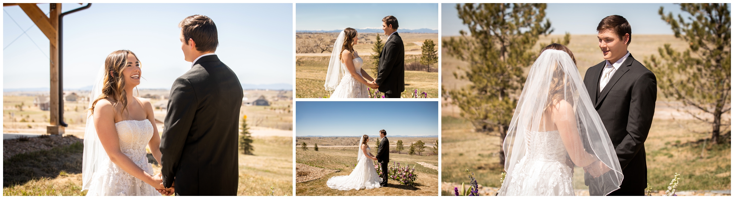 couple saying vows during outdoor wedding ceremony at Bonnie Blues Event Venue in Colorado 