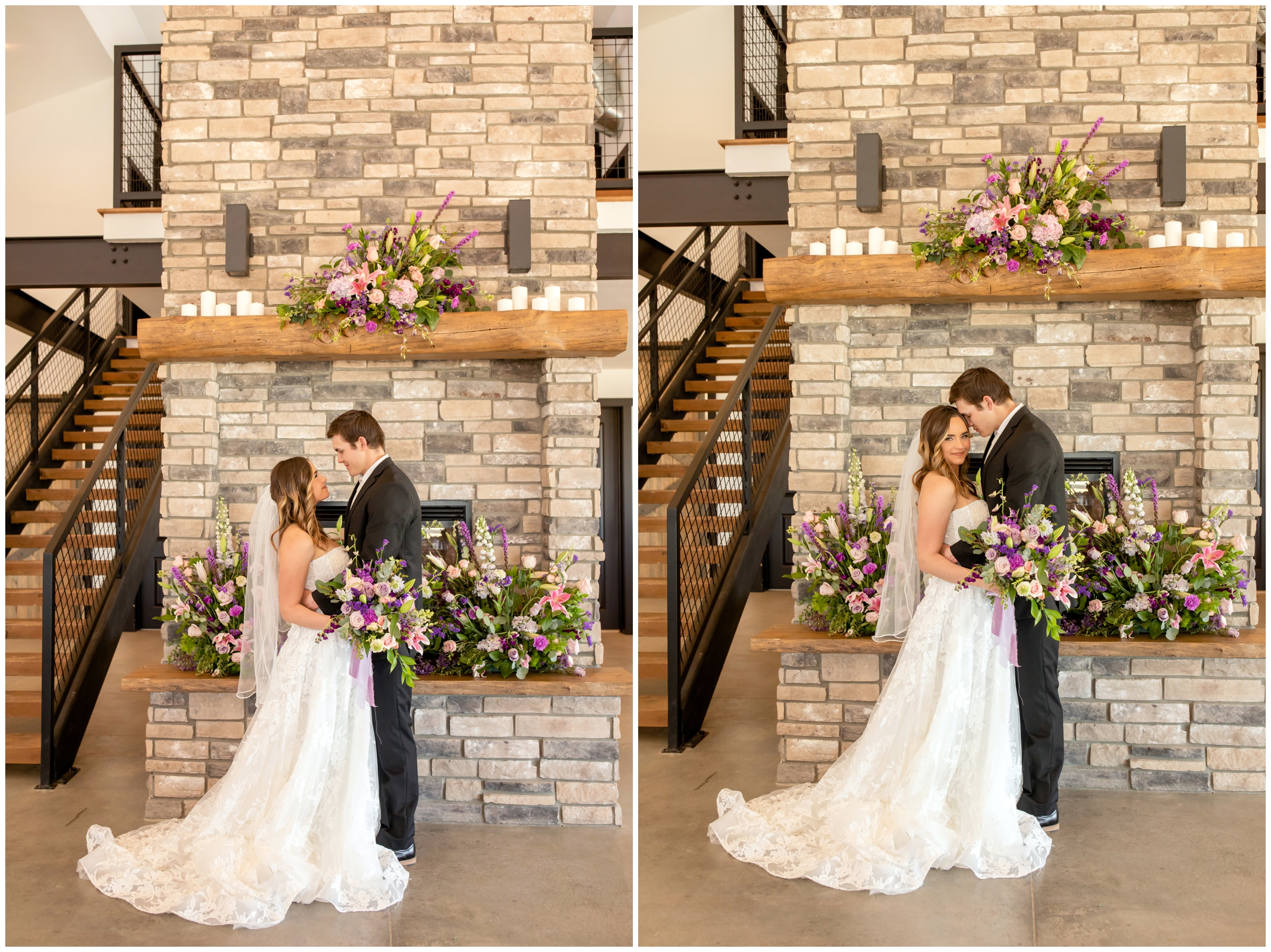 couple posing in front of fireplace at Bonnie Blues wedding reception in Colorado