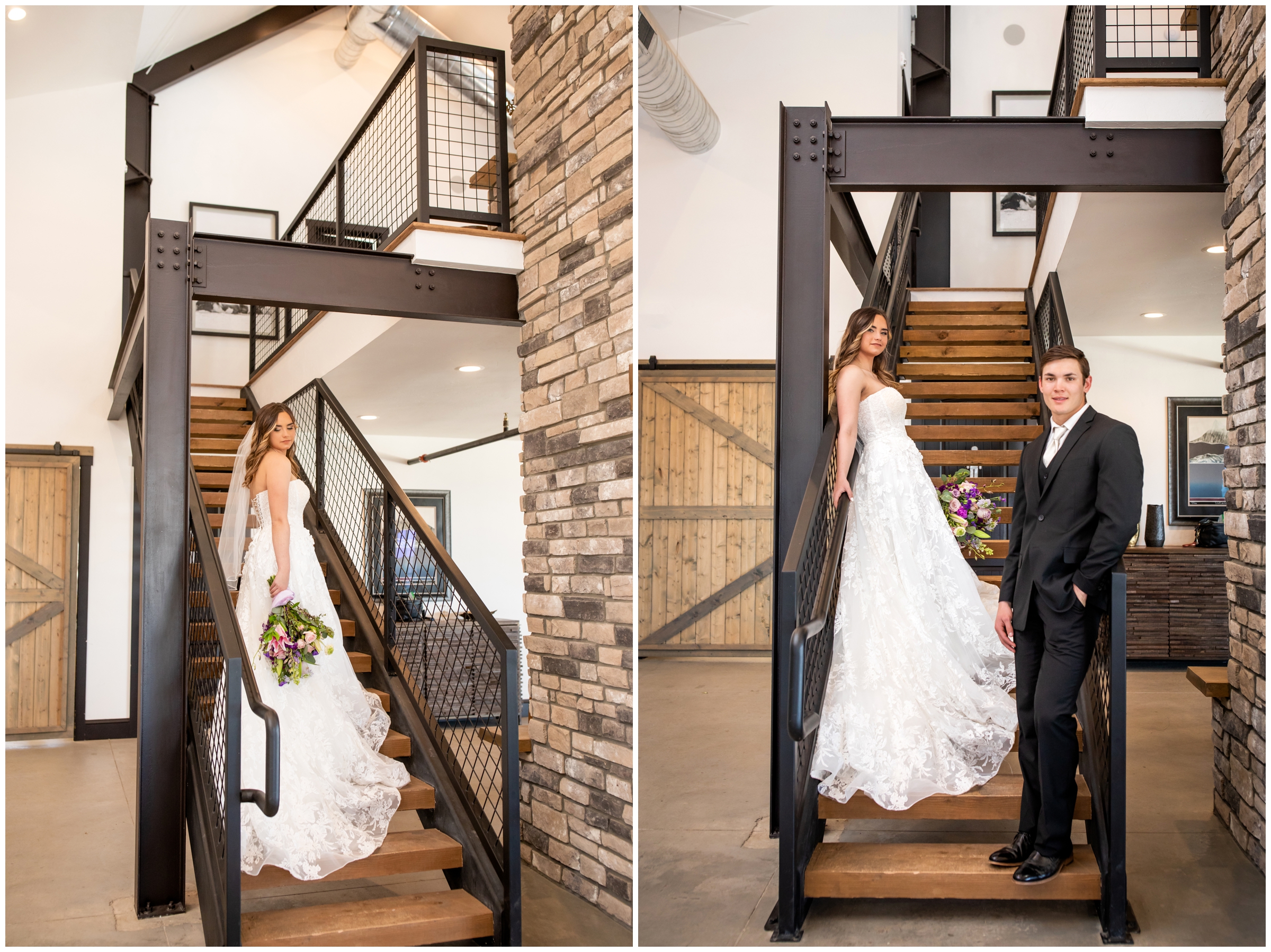 bride and groom posing on staircase during Bonnie Blues Colorado wedding reception