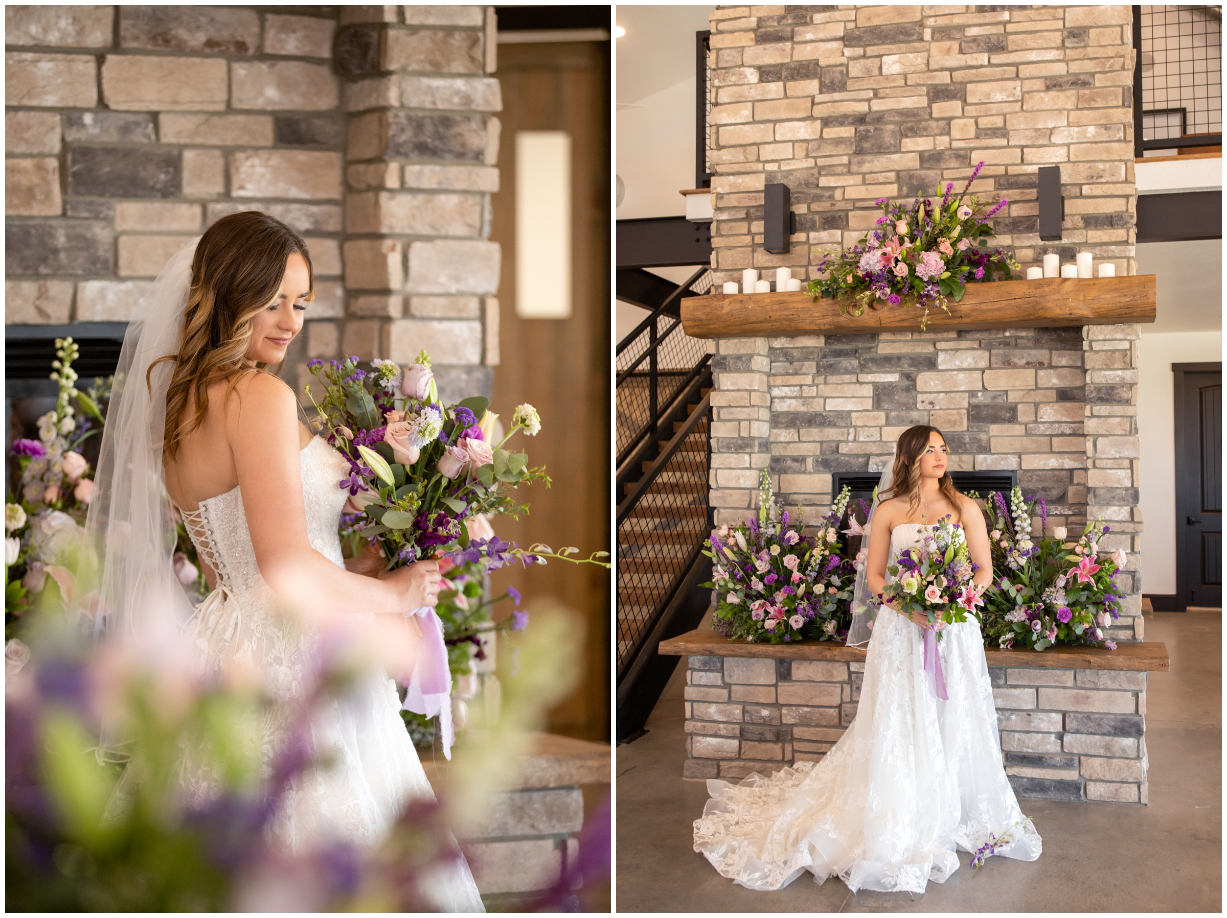 bride posing in front of stone fireplace at rustic Colorado micro wedding during spring