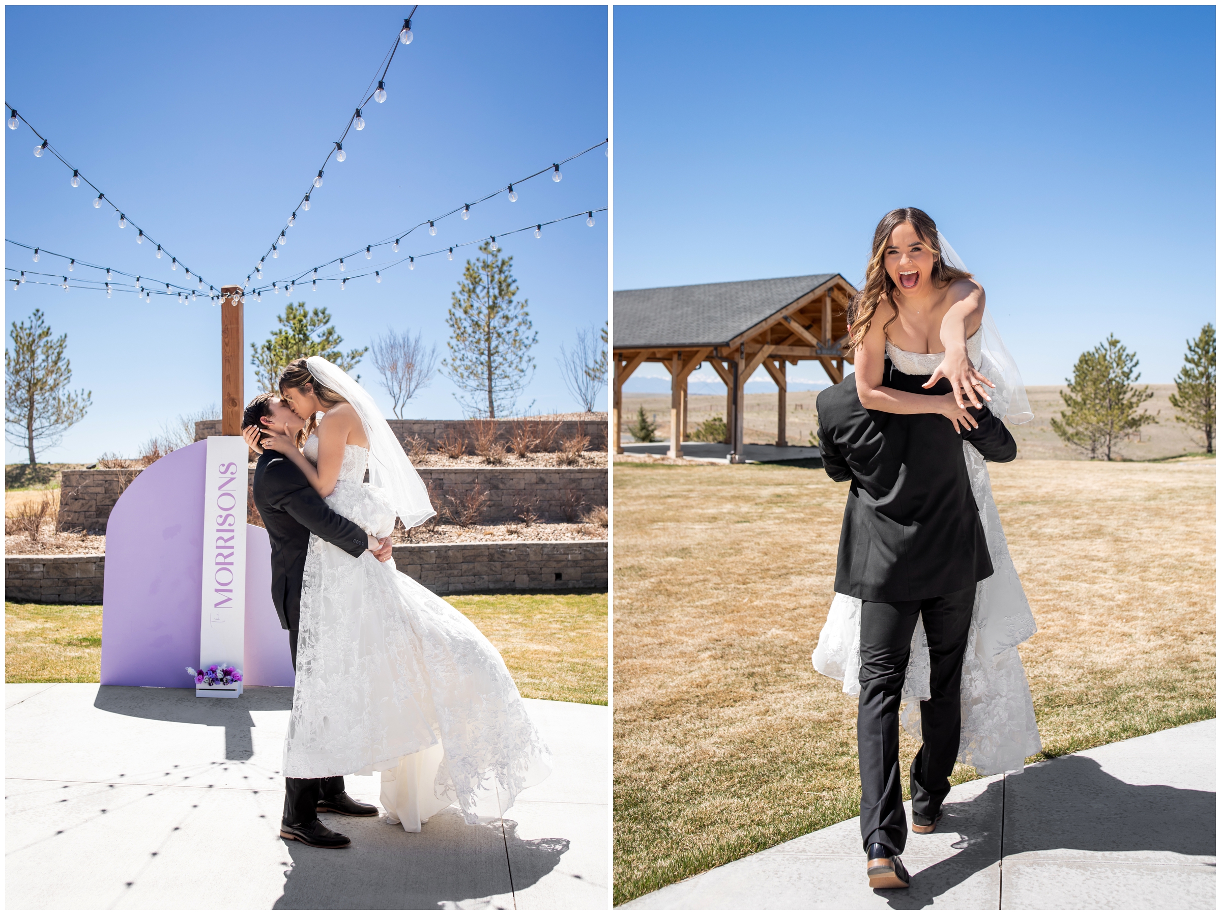 groom lifting bride during joyful and fun couples portraits during Colorado micro wedding at Bonnie Blues Event Venue 