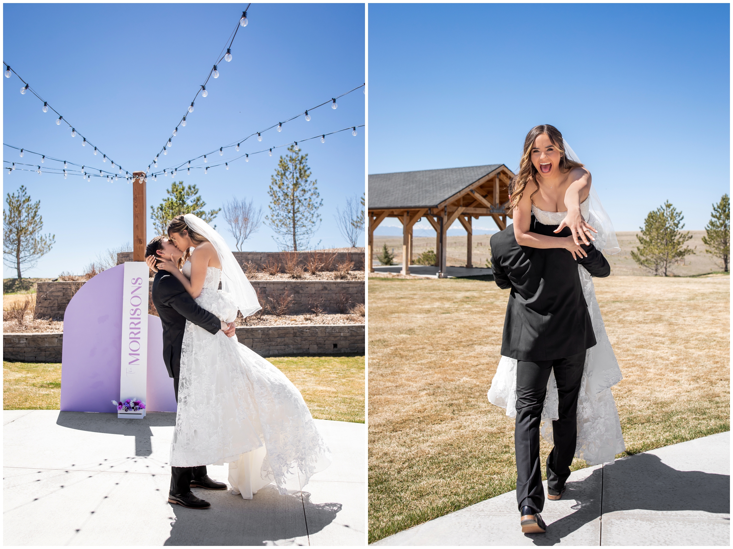 groom lifting bride during joyful and fun couples portraits during Colorado micro wedding at Bonnie Blues Event Venue