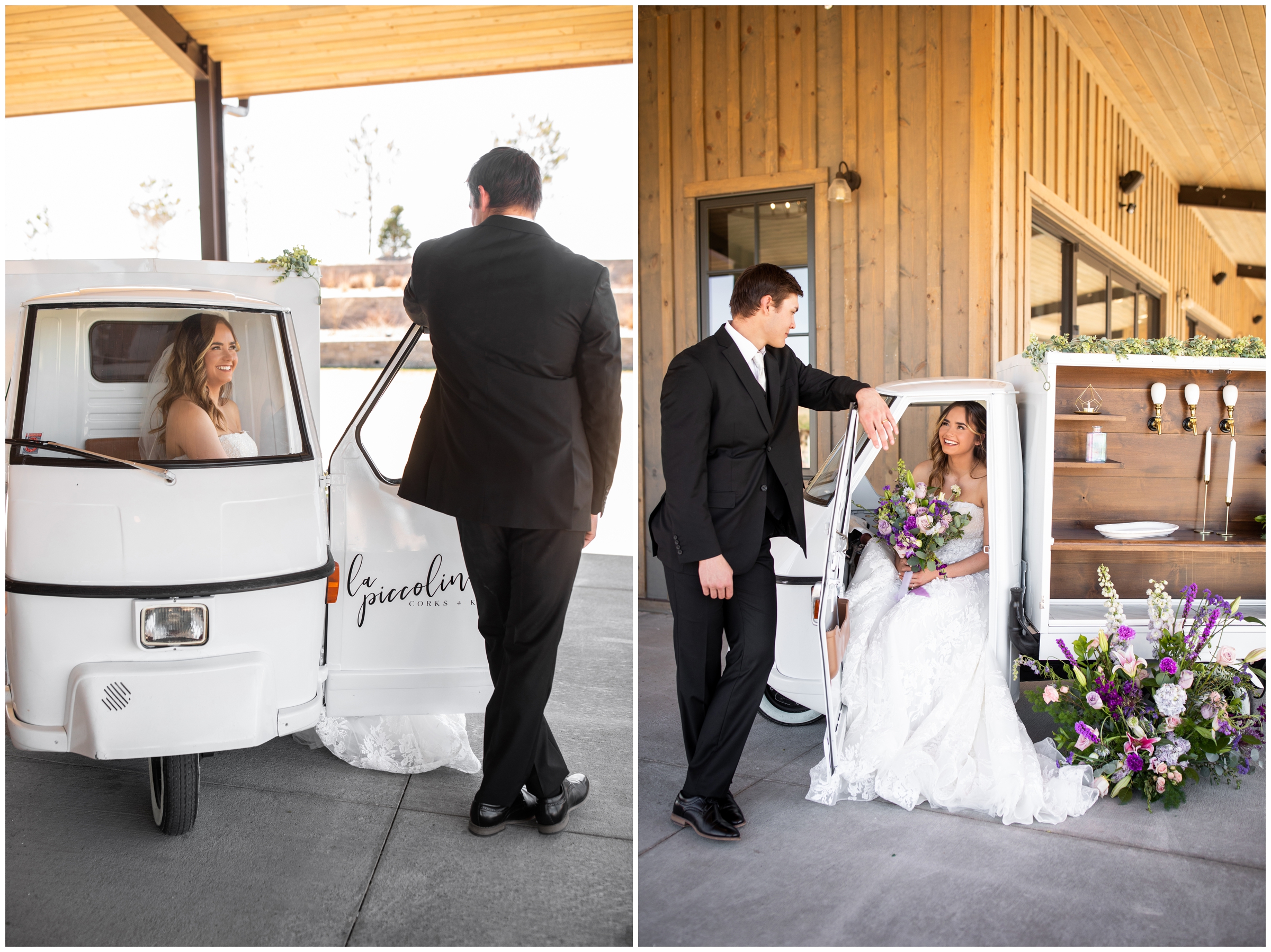 couple posing with mobile bar cart at Bonnie Blues Colorado wedding reception 