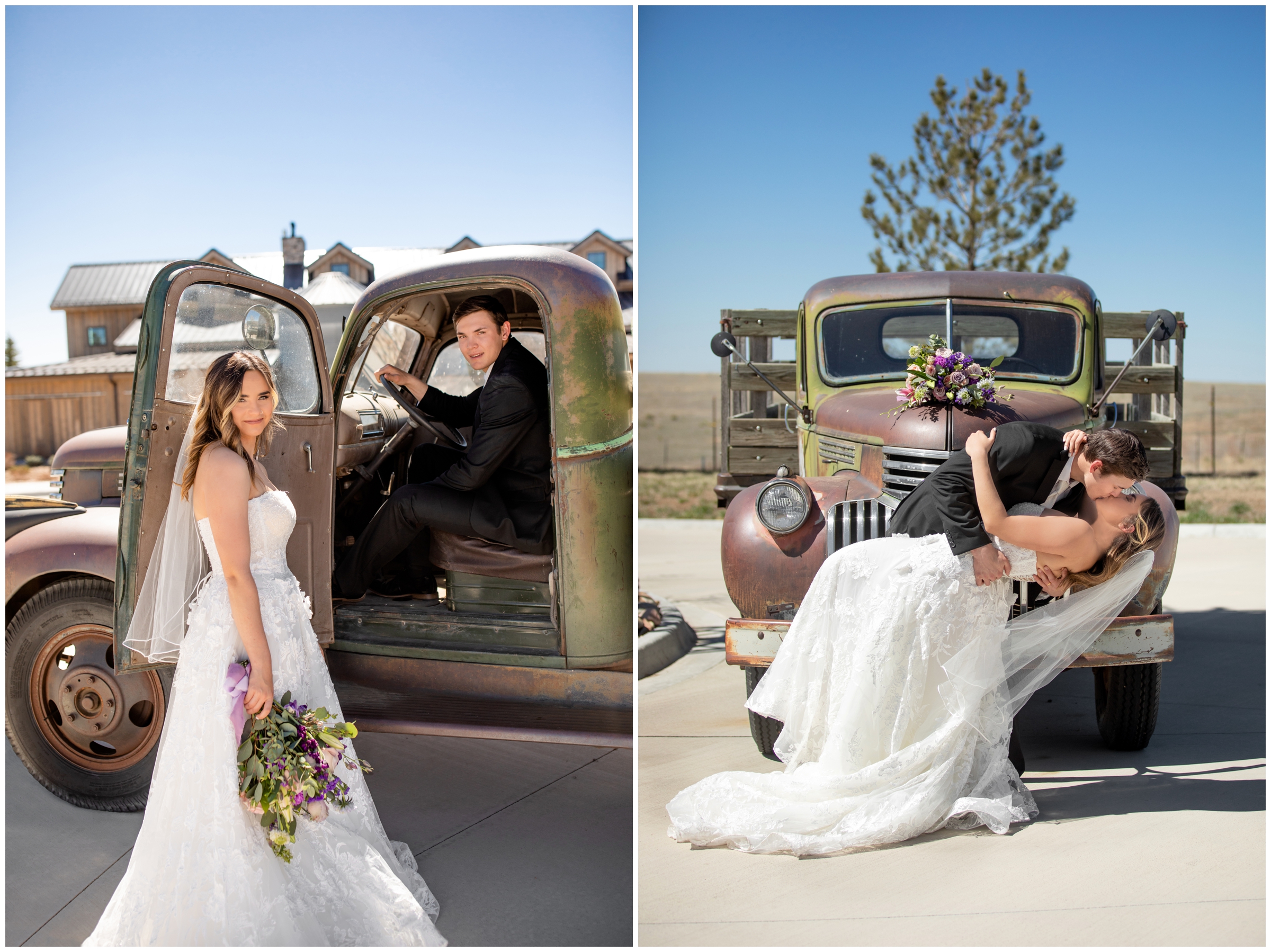 couple posing with rusty old truck during Bonnie Blues Colorado spring wedding portraits 