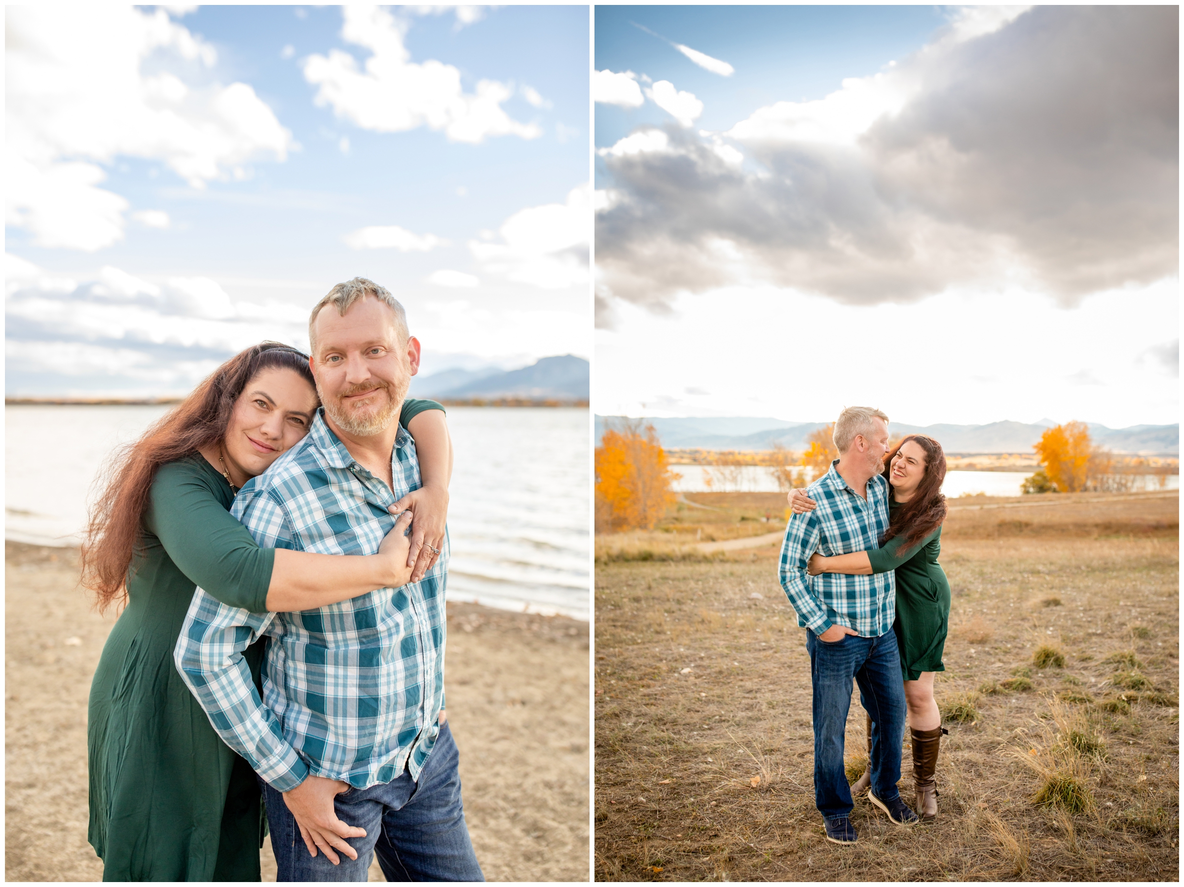 couple cuddling in a field during fall engagement photos at Boulder Reservoir 