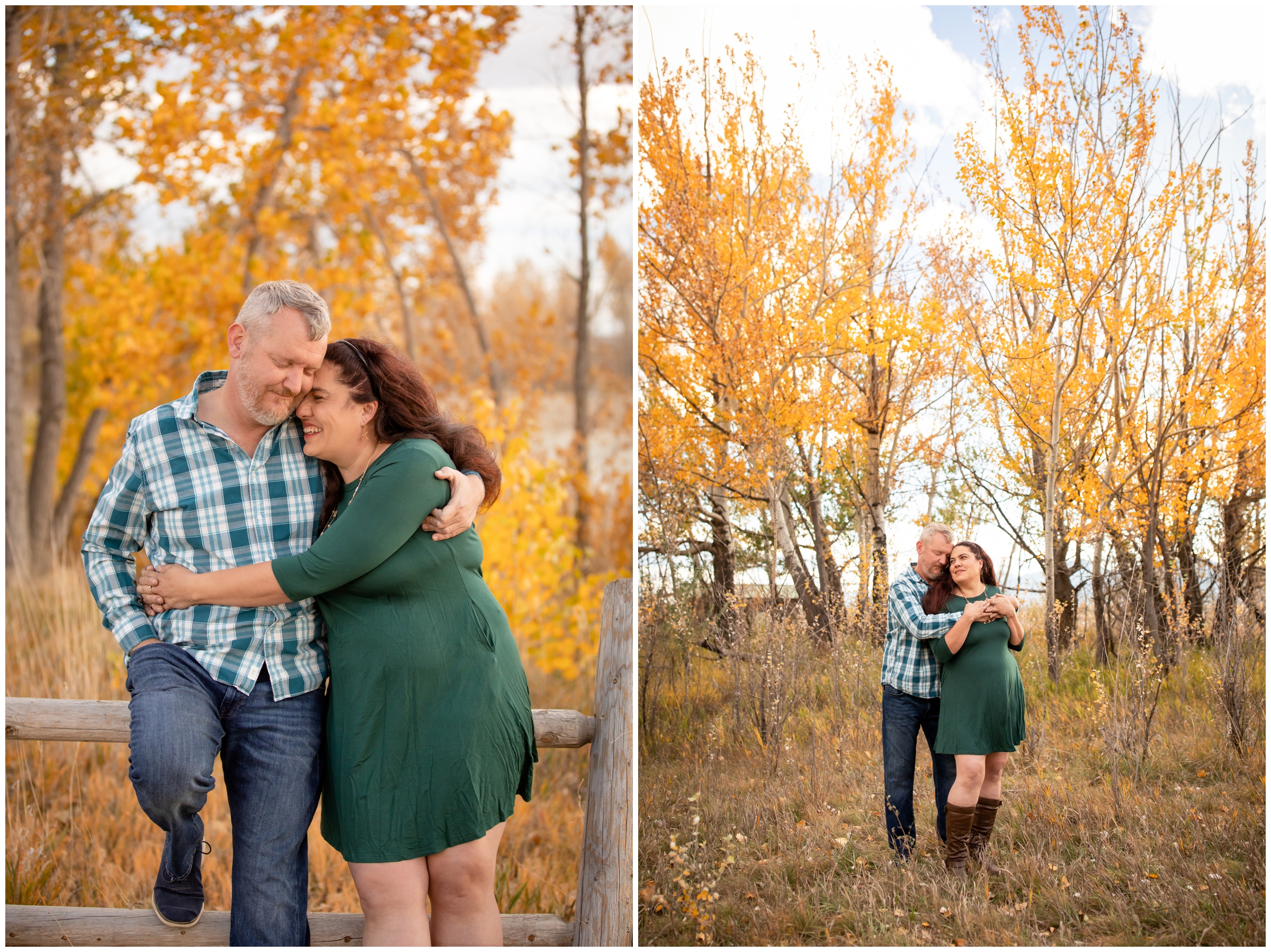 couple cuddling in front of colorful fall foliage during fall engagement portraits in Boulder Colorado 