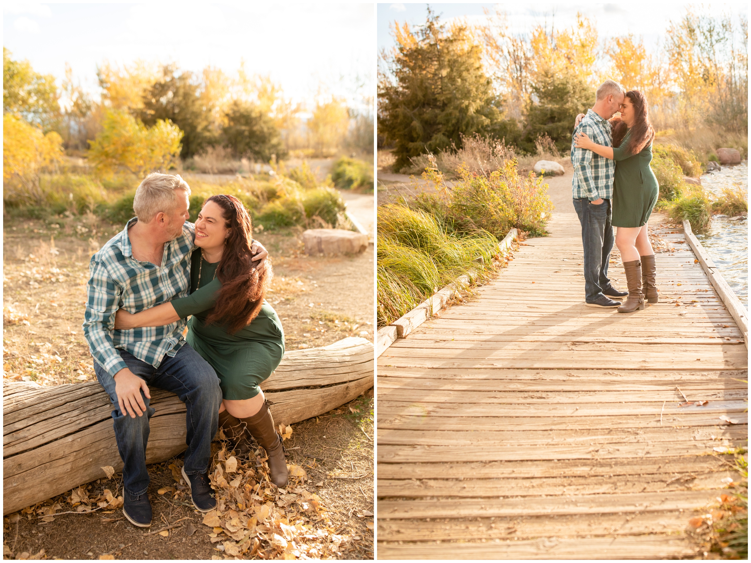 couple cuddling on wooden bridge during engagement photography session at Coot Lake
