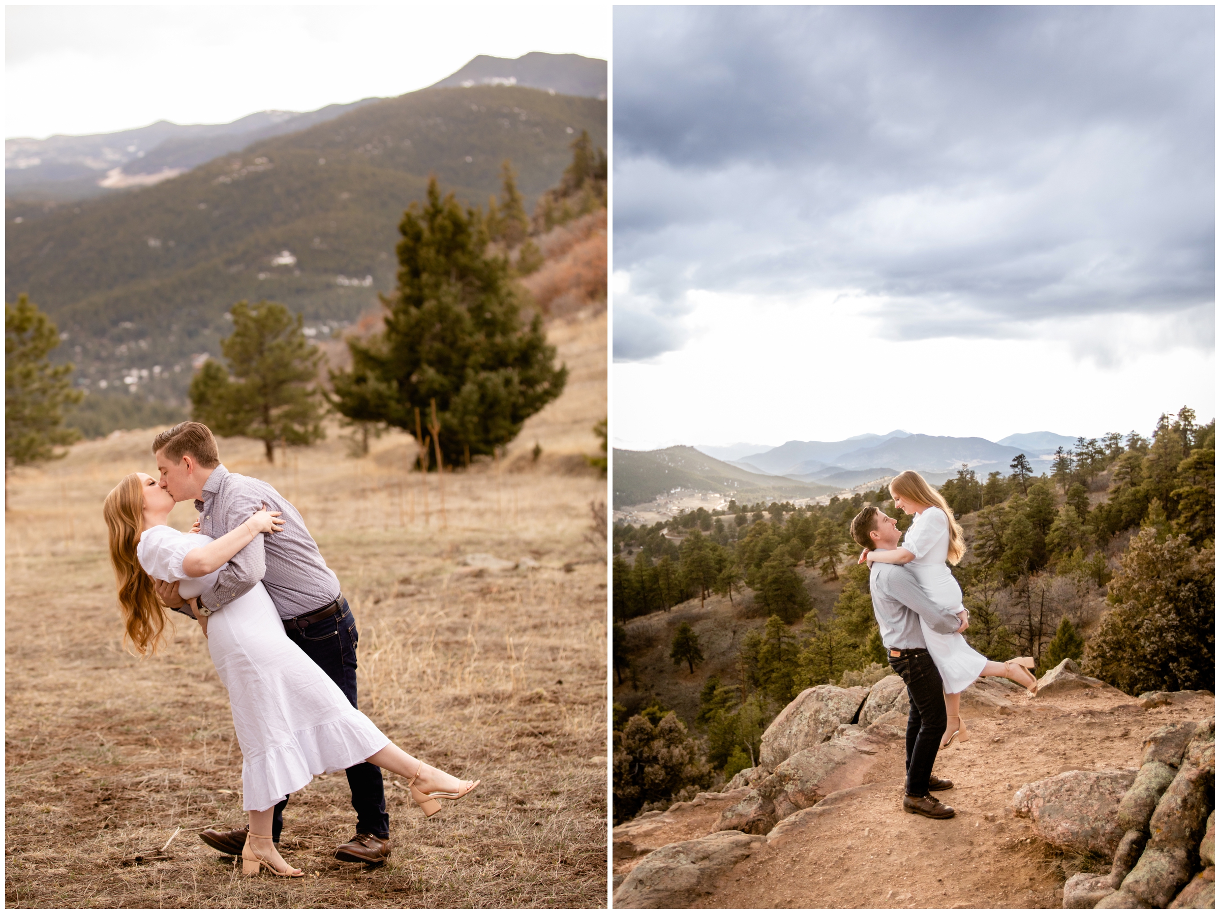 man lifting wife on the edit of a cliff during Colorado couples anniversary portraits 