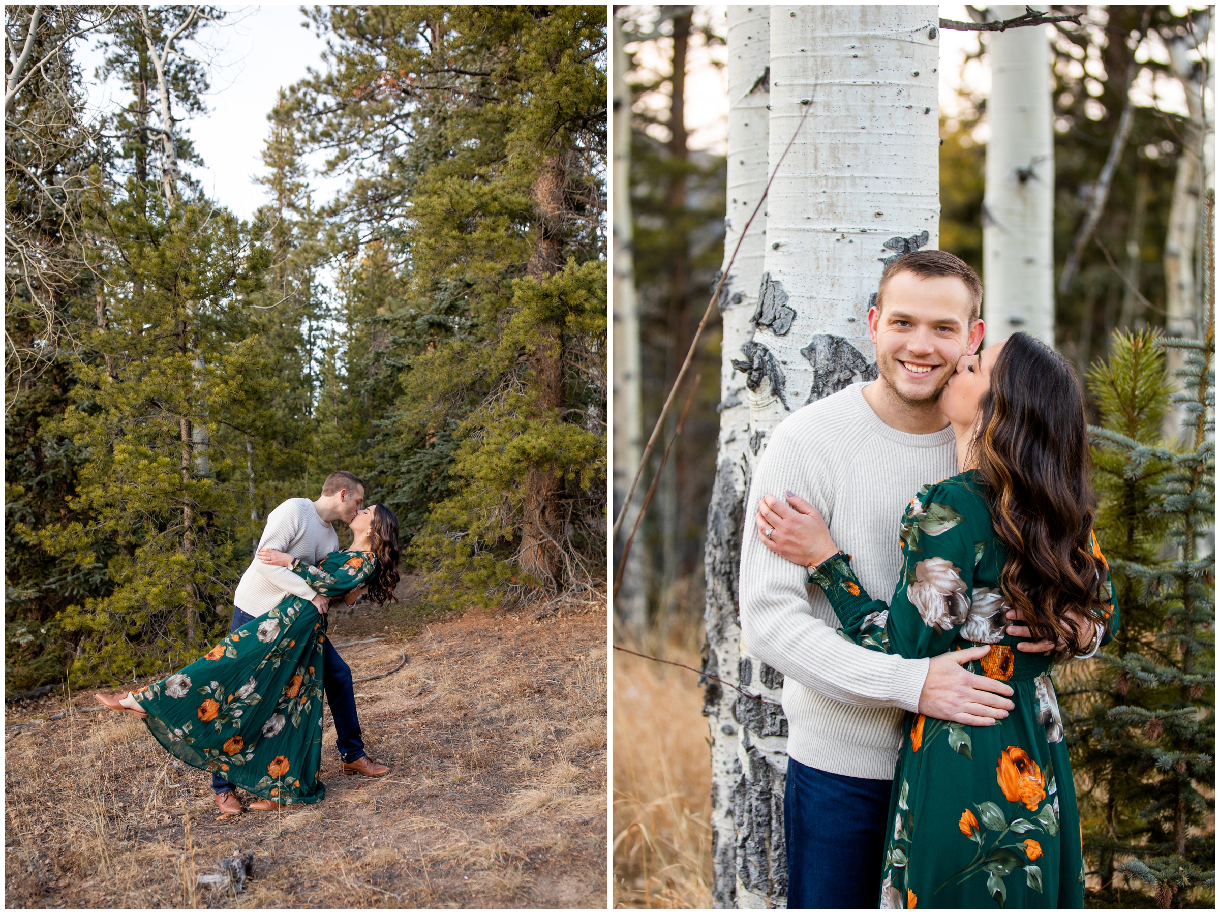 man dipping his wife in the forest during Colorado couples anniversary photoshoot at Beaver Brook Reservoir 