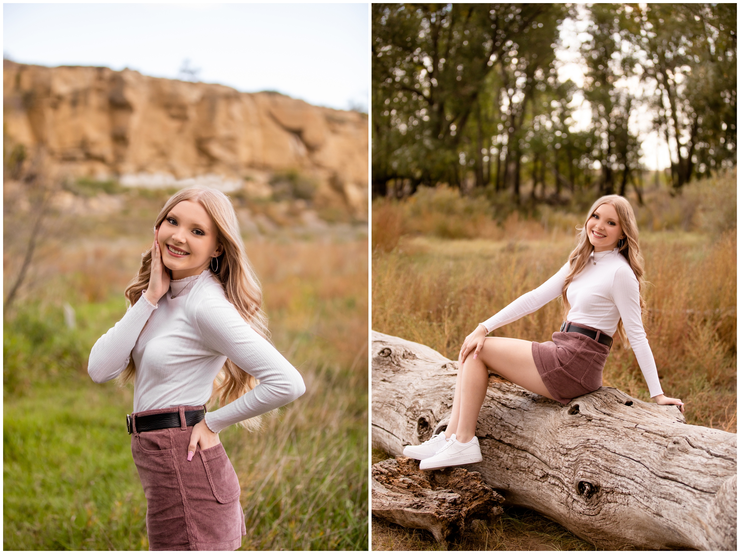 teen sitting on downed tree during Longmont Colorado senior pictures at Sandstone Ranch Park
