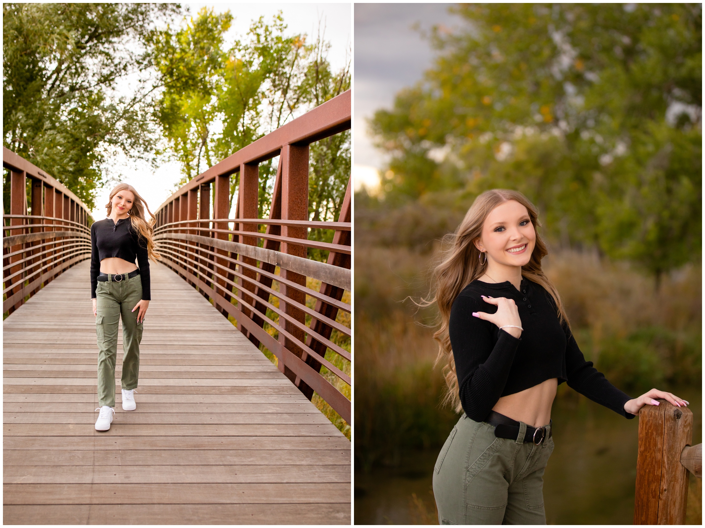 teen walking on bridge during candid Longmont senior pictures at Sandstone Ranch