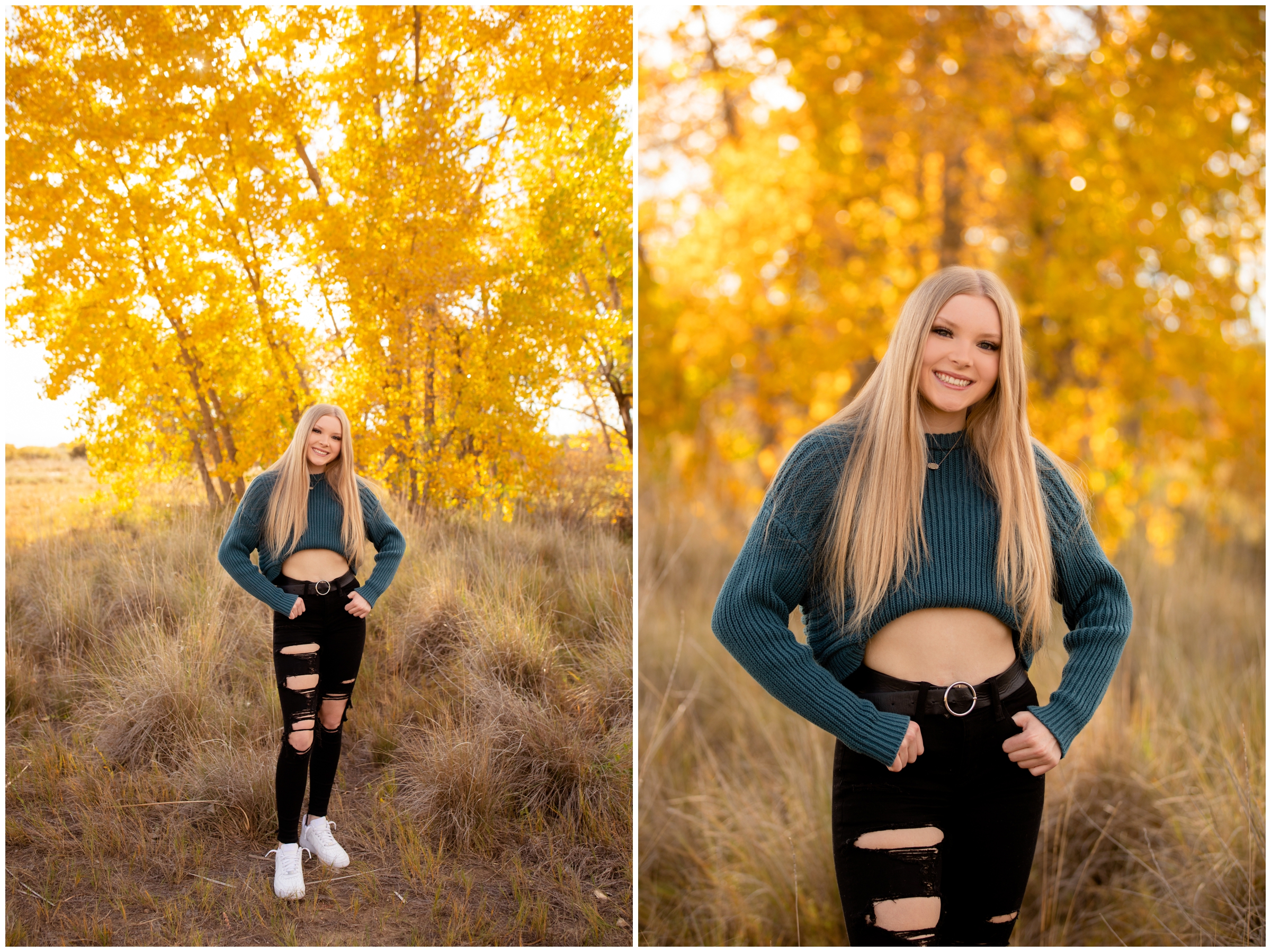 teen girl posing in front of colorful fall foliage during Longmont Colorado senior pictures 