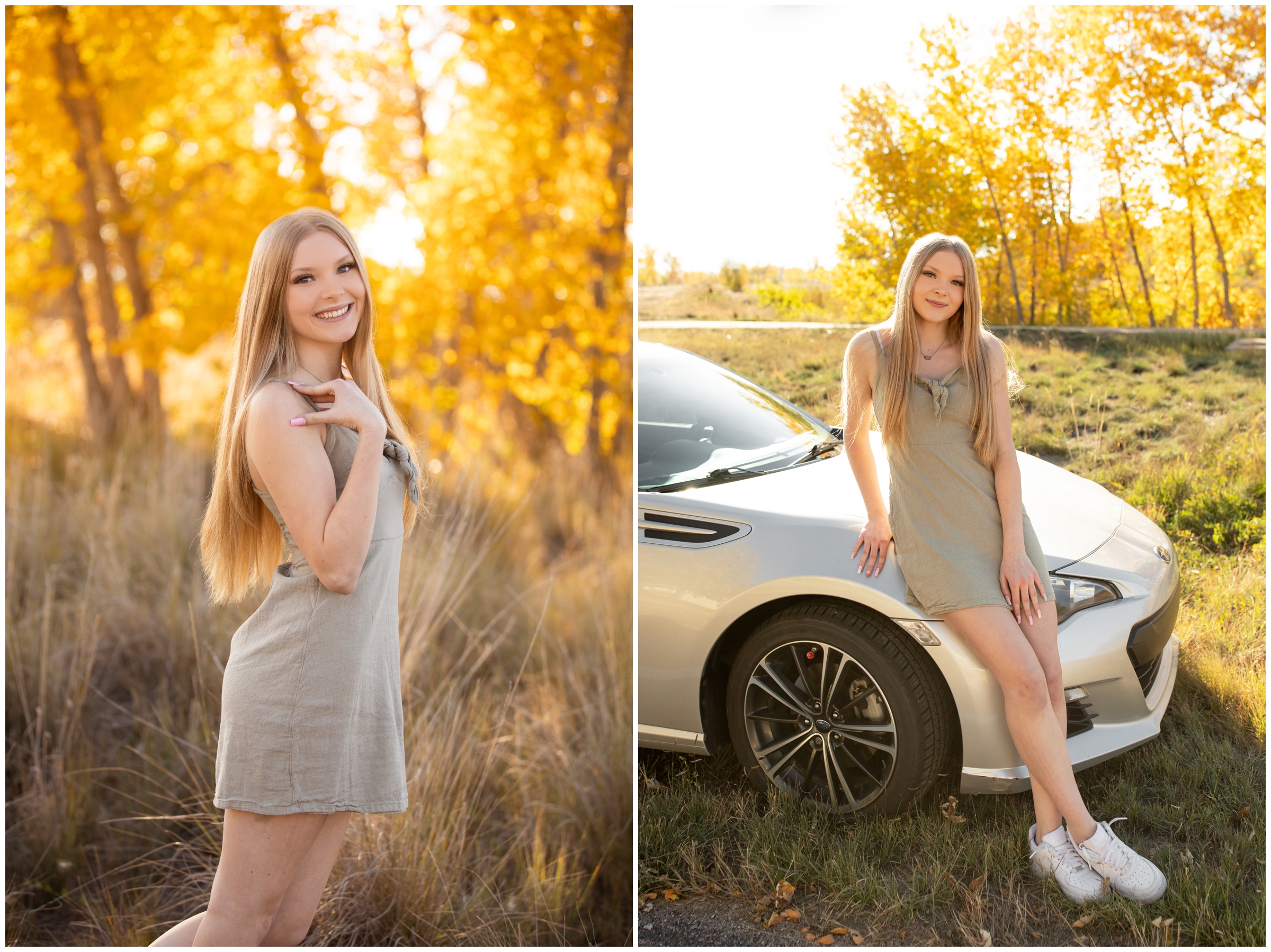 teen girl posing in front of colorful fall foliage during Longmont Colorado senior photography session 