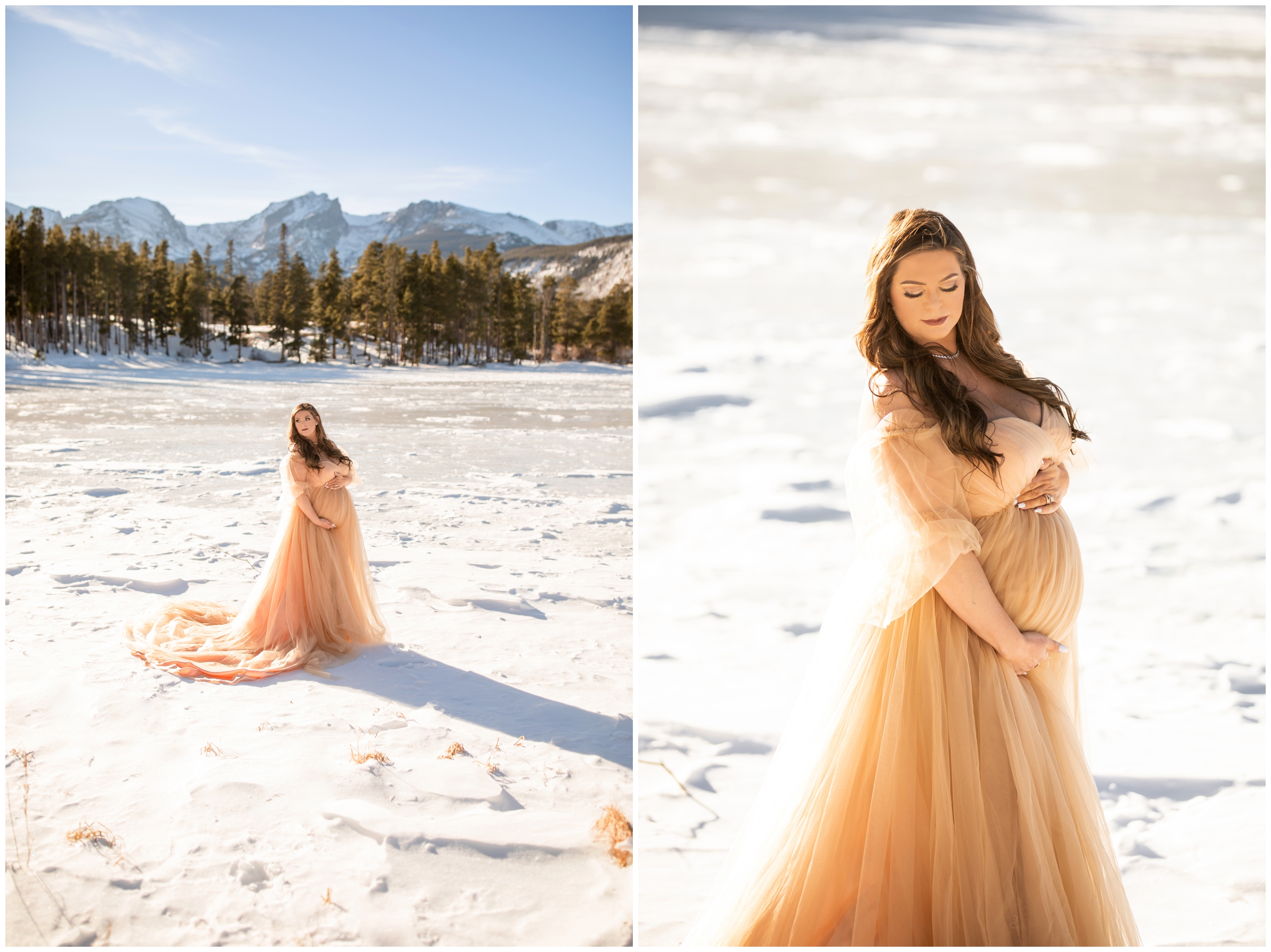 pregnant woman posing on frozen lake during Colorado mountain maternity pictures during winter