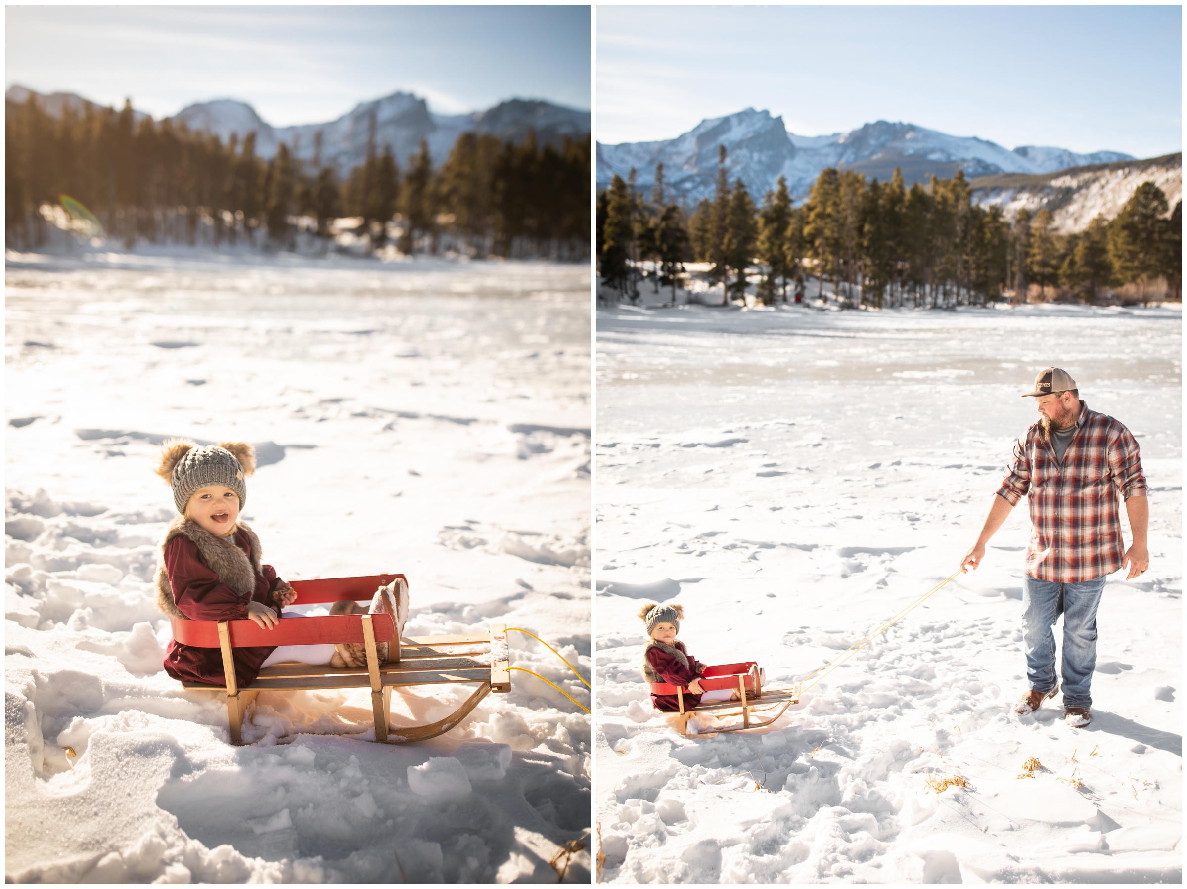 dad pulling daughter in a sled during snowy family photo session at Sprague Lake