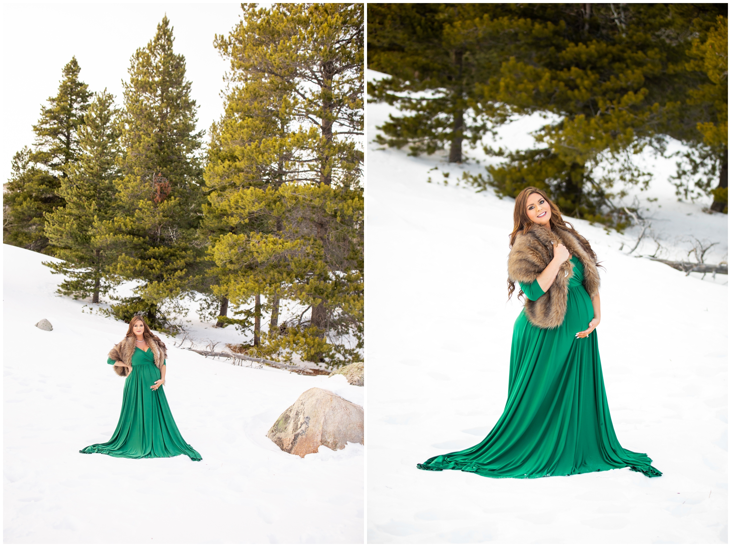 pregnant woman posing in the snowy forest of Rocky Mountain National Park during winter maternity pictures in Estes Park Colorado 