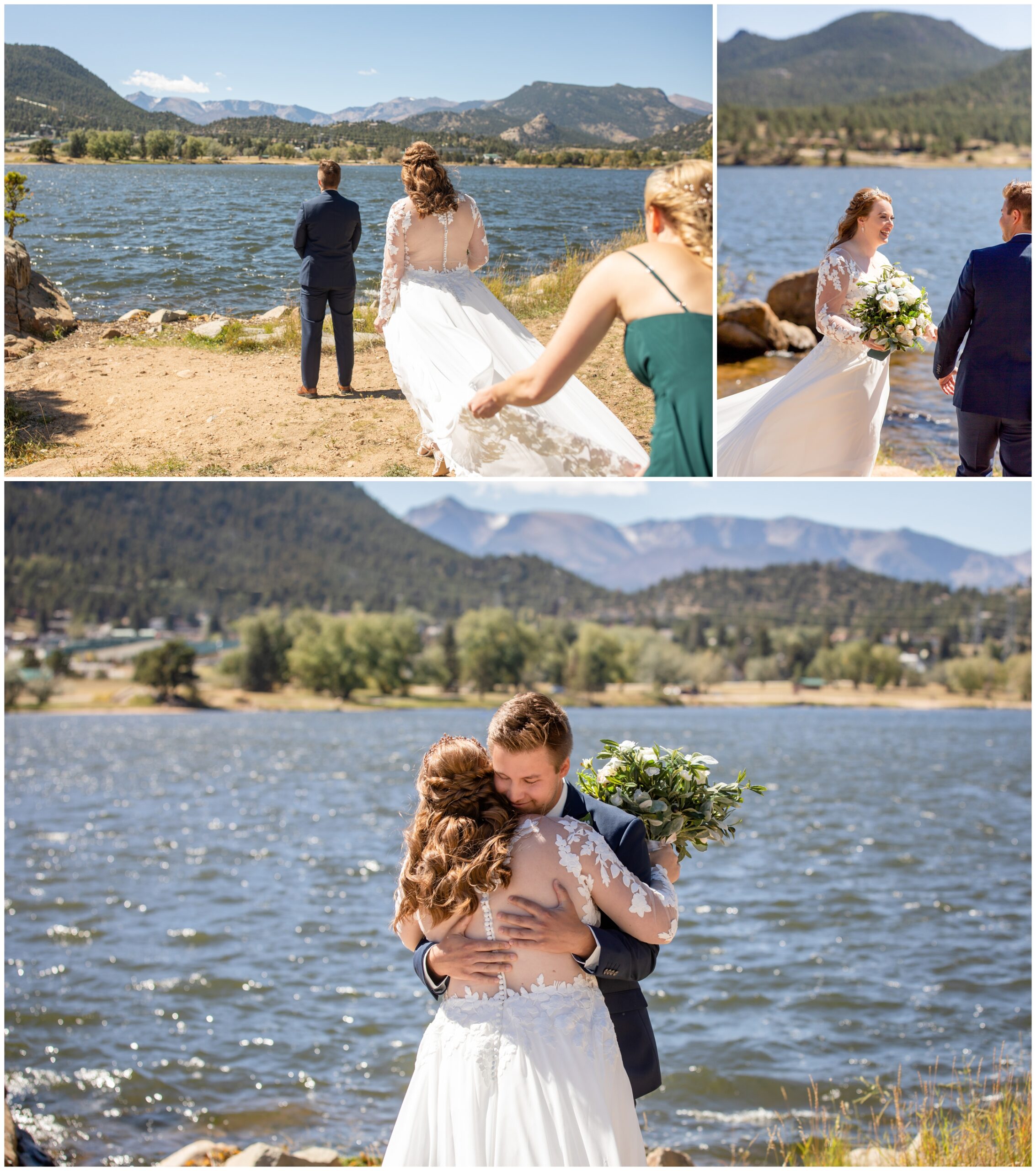 couple doing wedding first look in front of Lake Estes in the Colorado mountains 