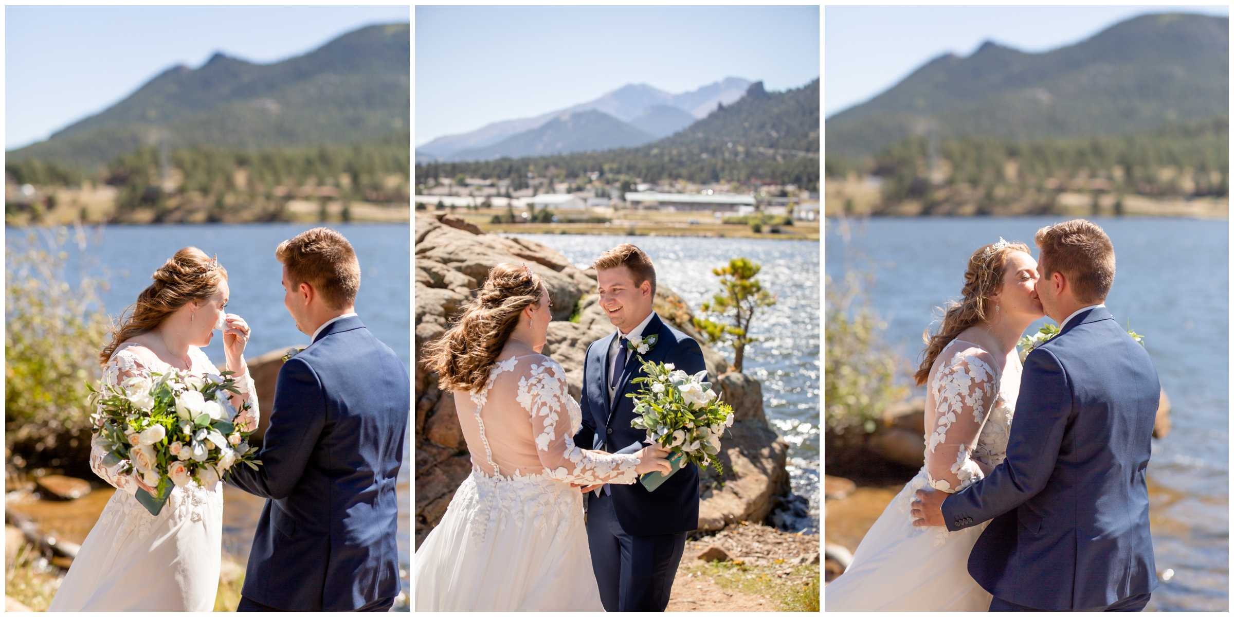 bride and groom having first look before their Lake Estes wedding in the Colorado mountains 
