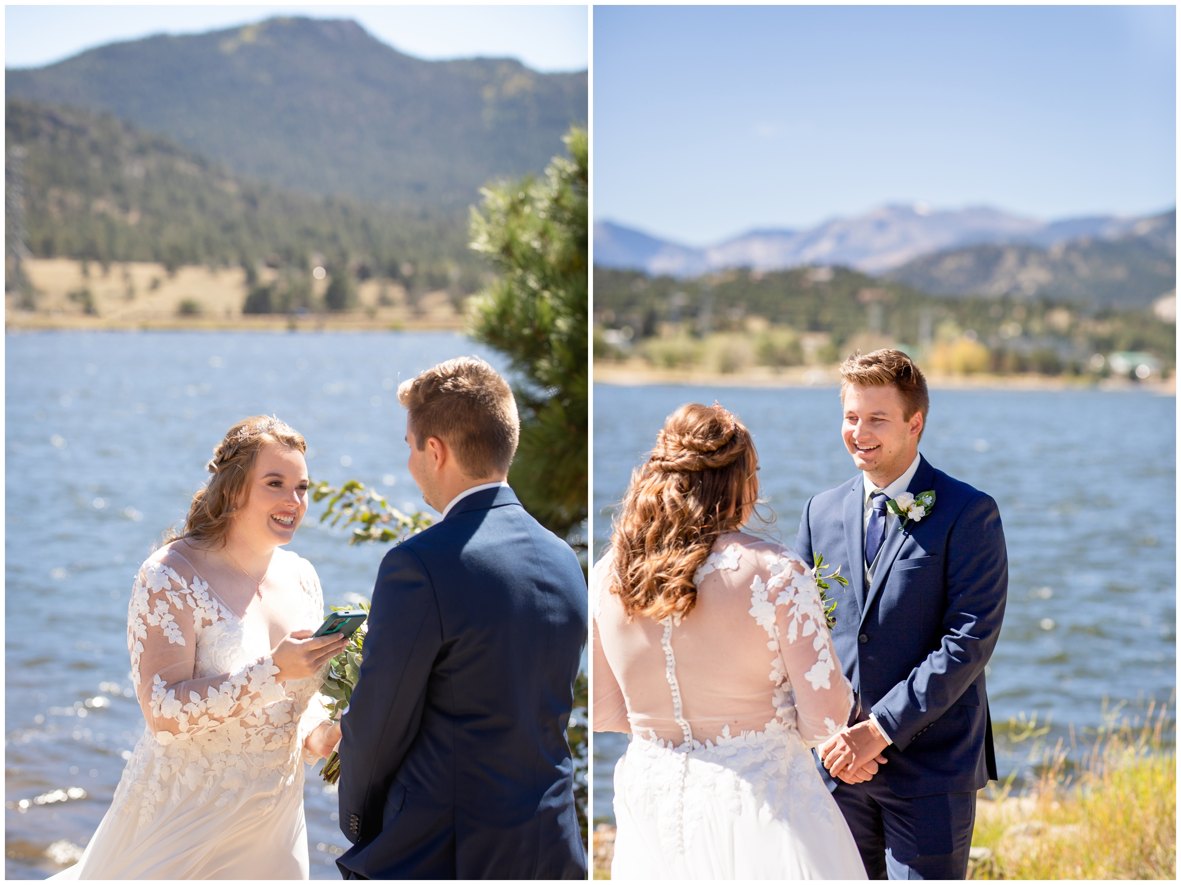 couple reading vows during intimate elopement wedding ceremony in Estes Park Colorado 
