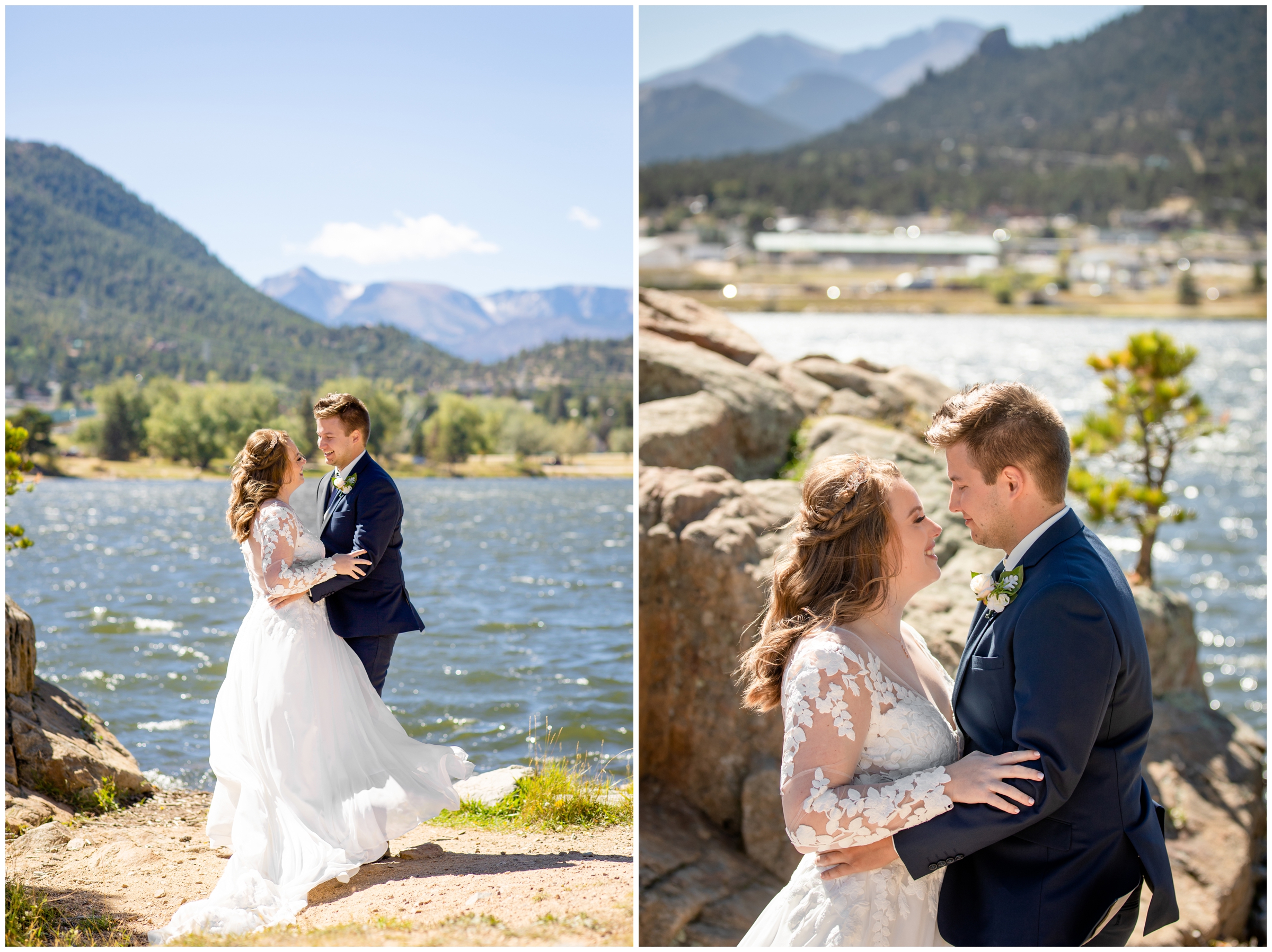 couple posing next to lake during Estes Park Resort wedding photos during fall by Colorado mountain photographer Plum Pretty Photography
