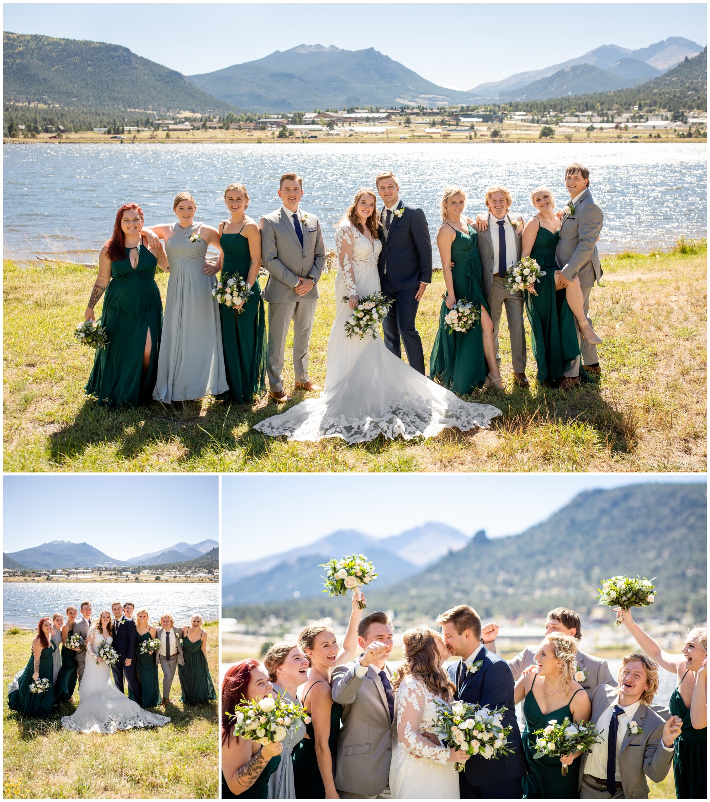 wedding party in gray and green posing in front of Lake Estes