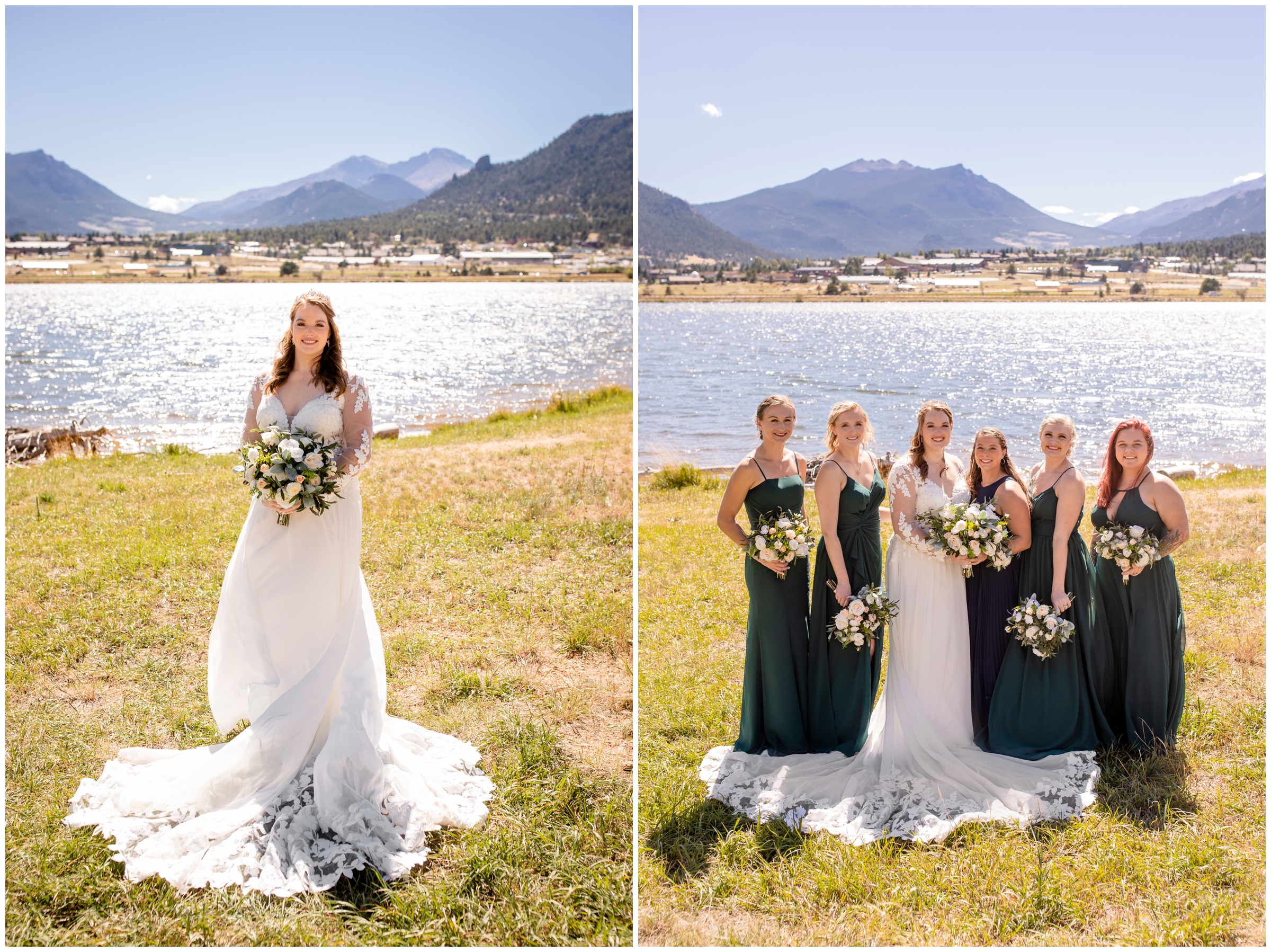 bride posing in front of mountain lake at Estes Park Resort Colorado fall wedding