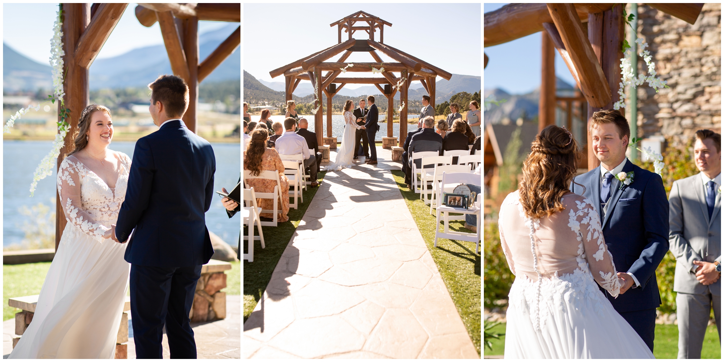 couple saying vows under arbor at Lake Estes Colorado wedding ceremony 