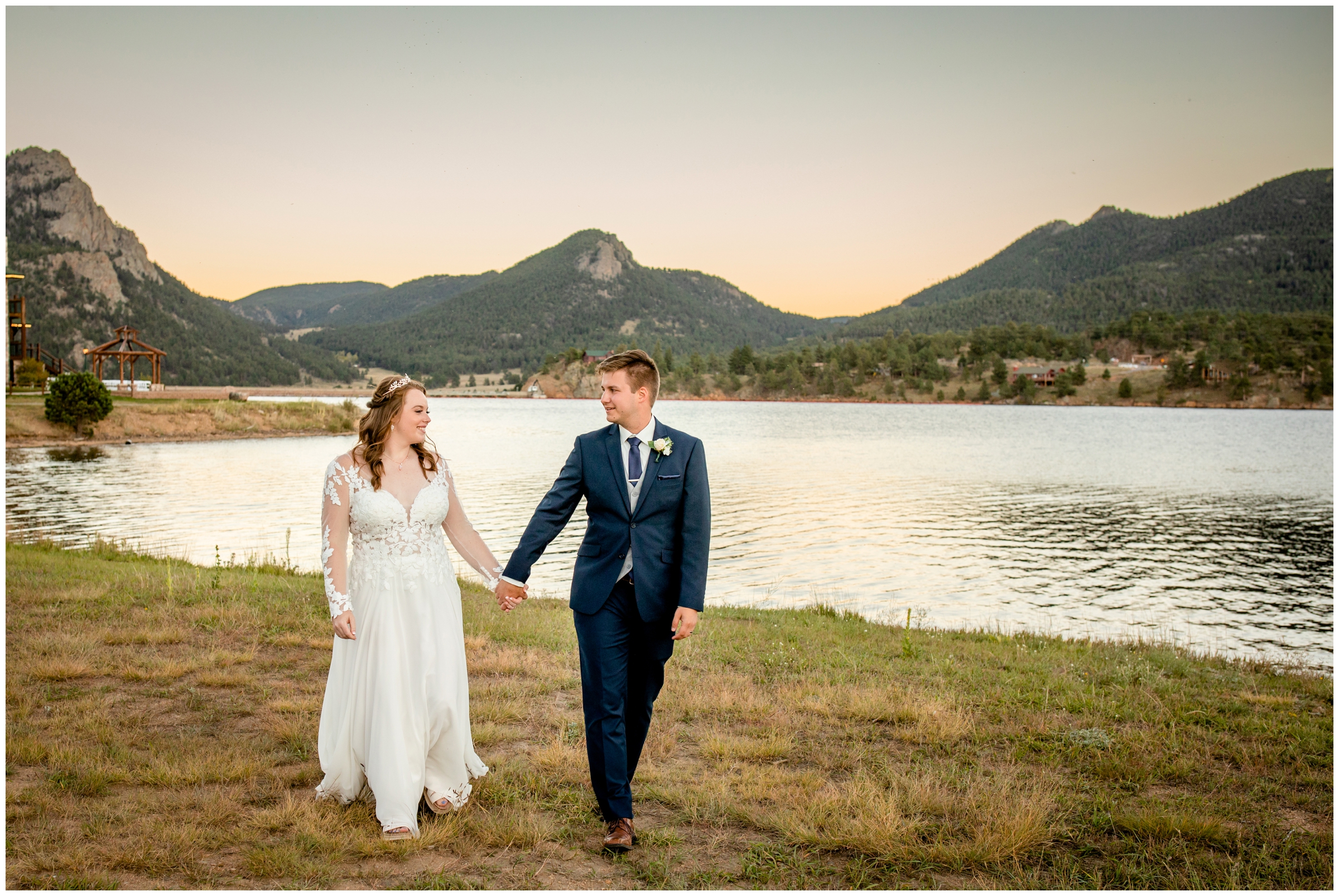 couple walking at sunset during candid Colorado wedding pictures at the Estes Park Resort 