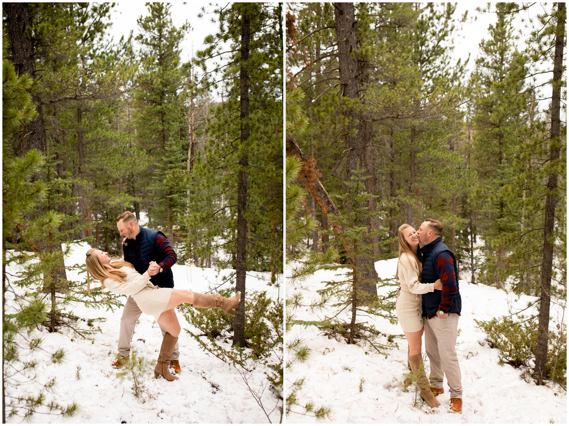 snowy forest engagement pictures at Frosberg Park in the Colorado mountains 