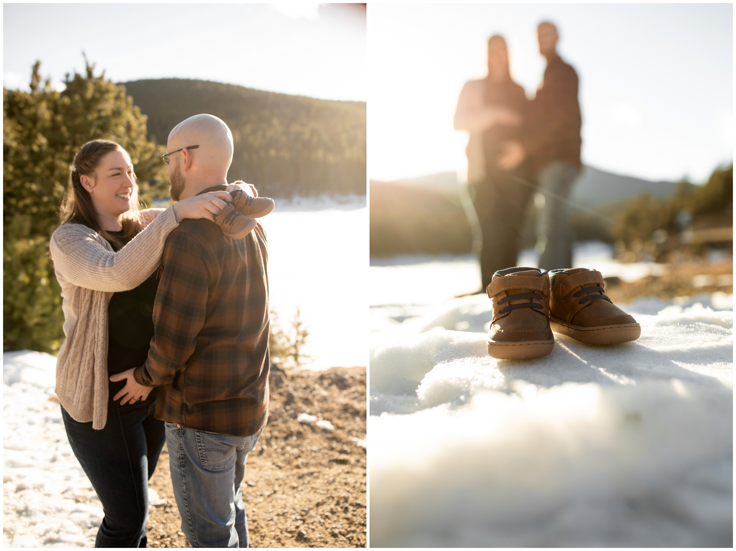 couple holding baby shoes during winter maternity portraits in Evergreen Colorado 