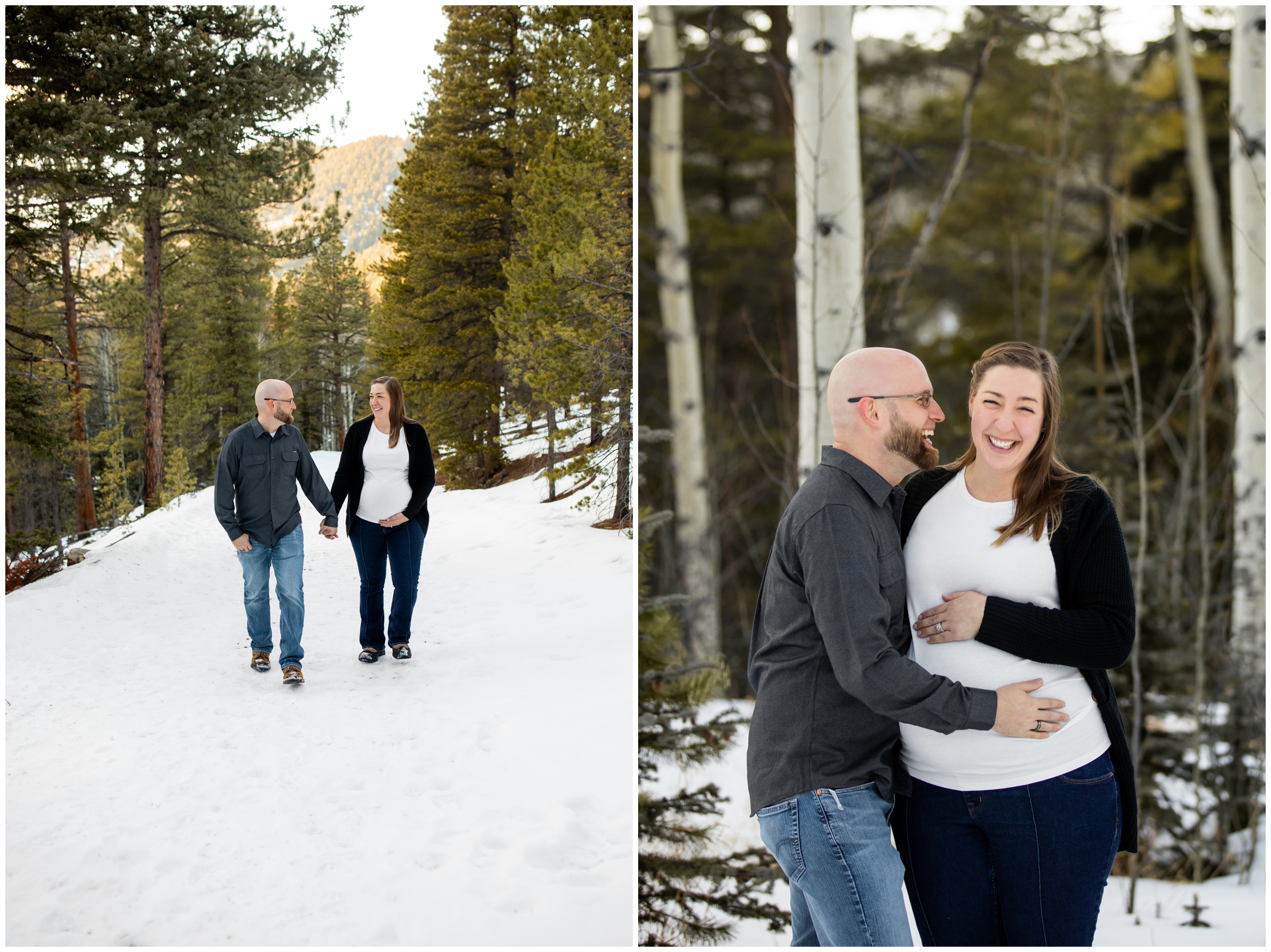 couple walking through the snow during winter maternity portraits in Evergreen Colorado 